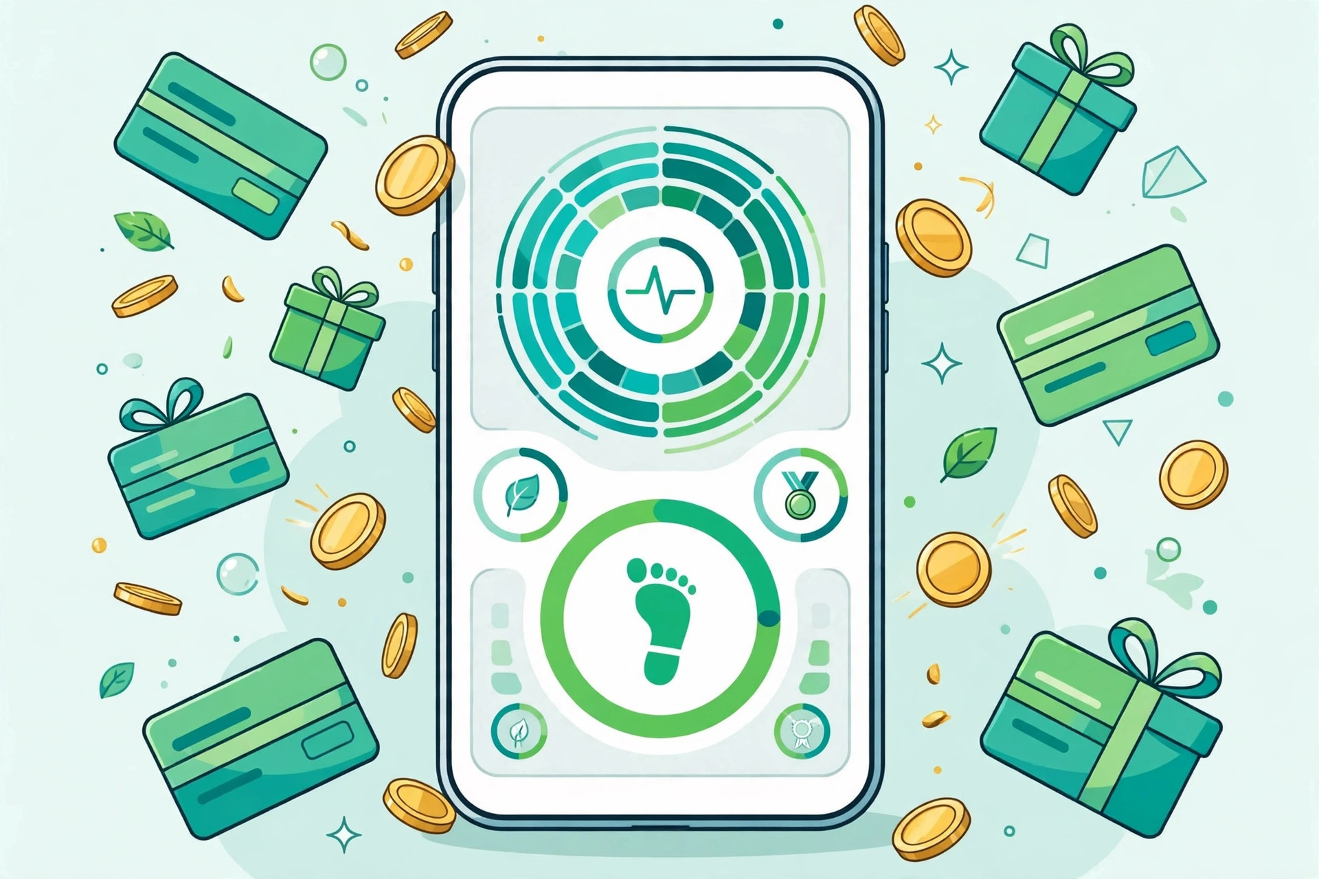 Smartphone displaying a health rewards app with a step counter dashboard and floating gift card rewards