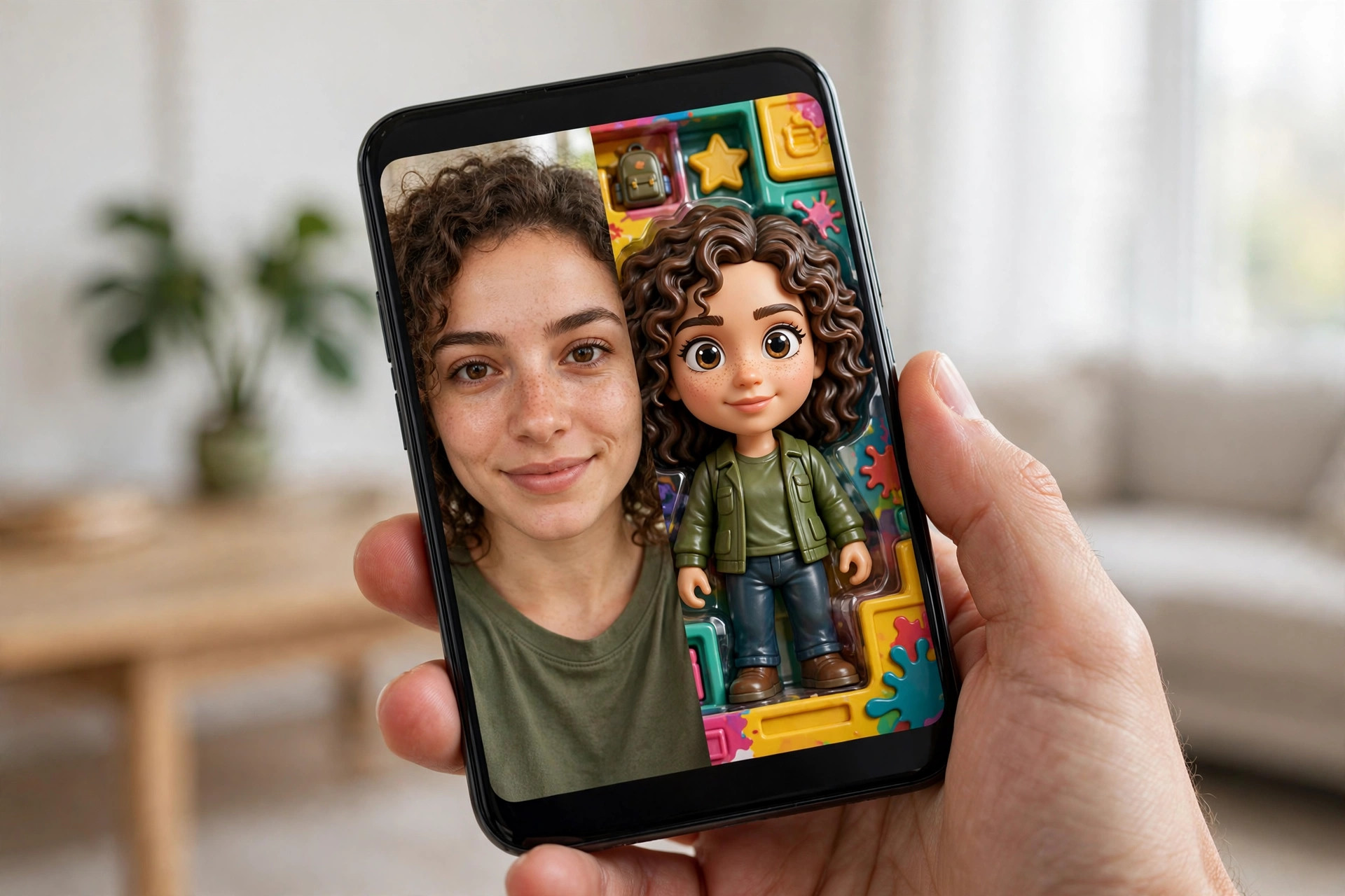 Hand holding a smartphone showing a selfie being transformed into a 3D action figure by AI Maker
