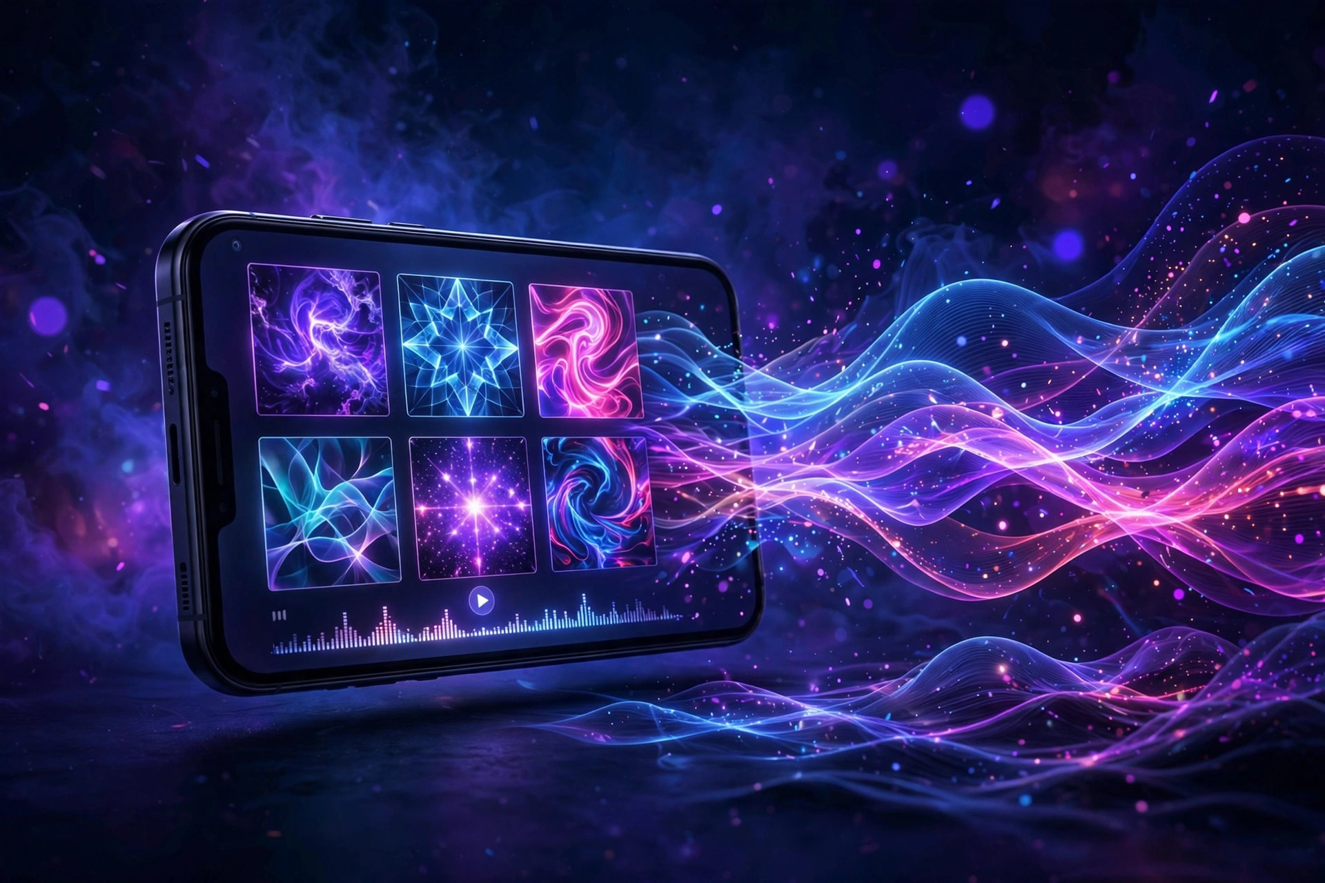 Smartphone streaming music with glowing album artwork and sound waves flowing out