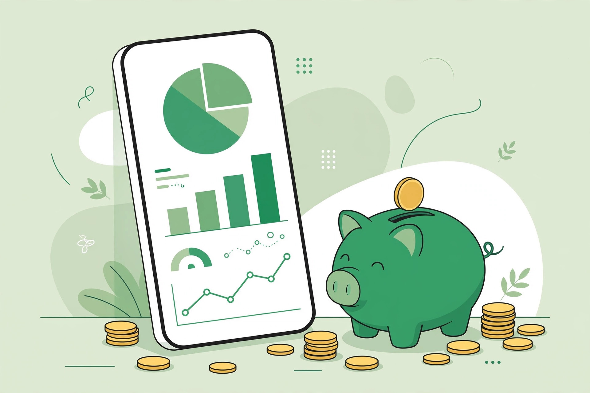 Smartphone displaying a budgeting dashboard with charts and a piggy bank