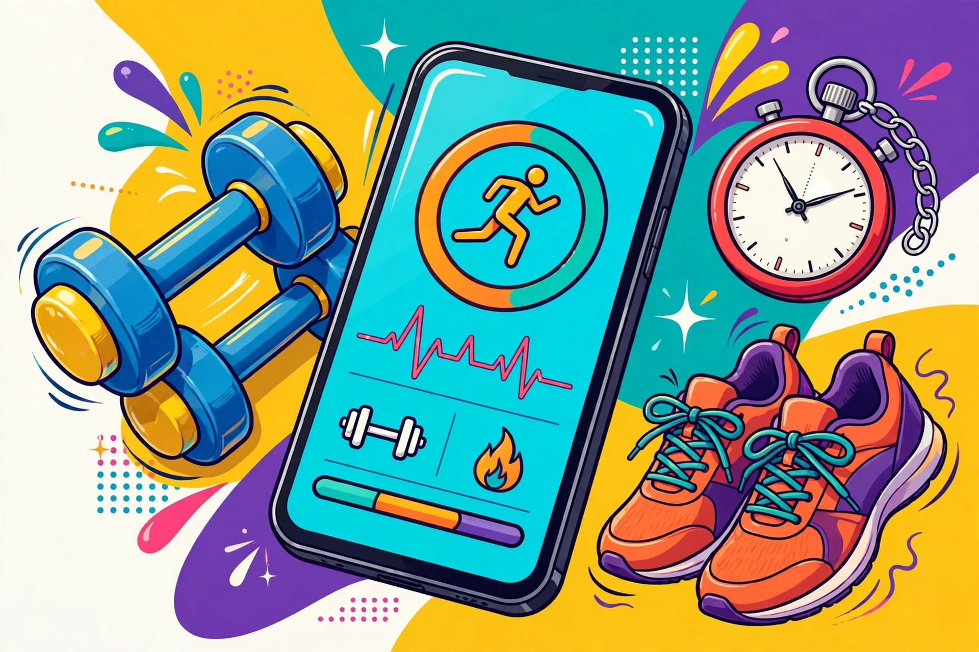 Smartphone showing a workout tracking app with dumbbells and running shoes