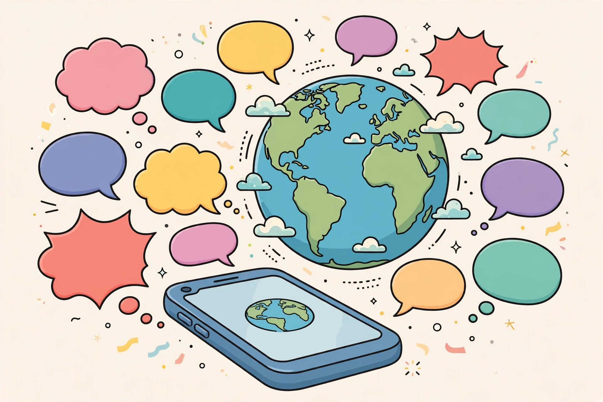 Smartphone with speech bubbles in different languages around a globe