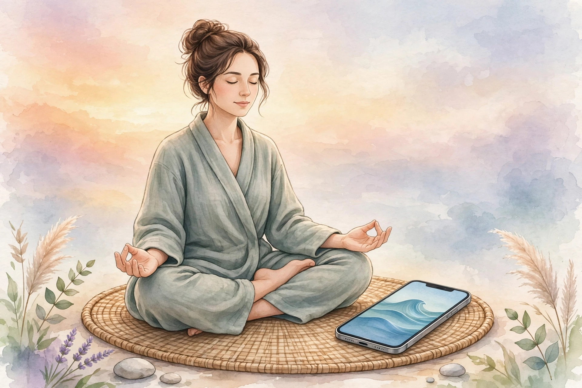 Person meditating with a smartphone showing calming waves