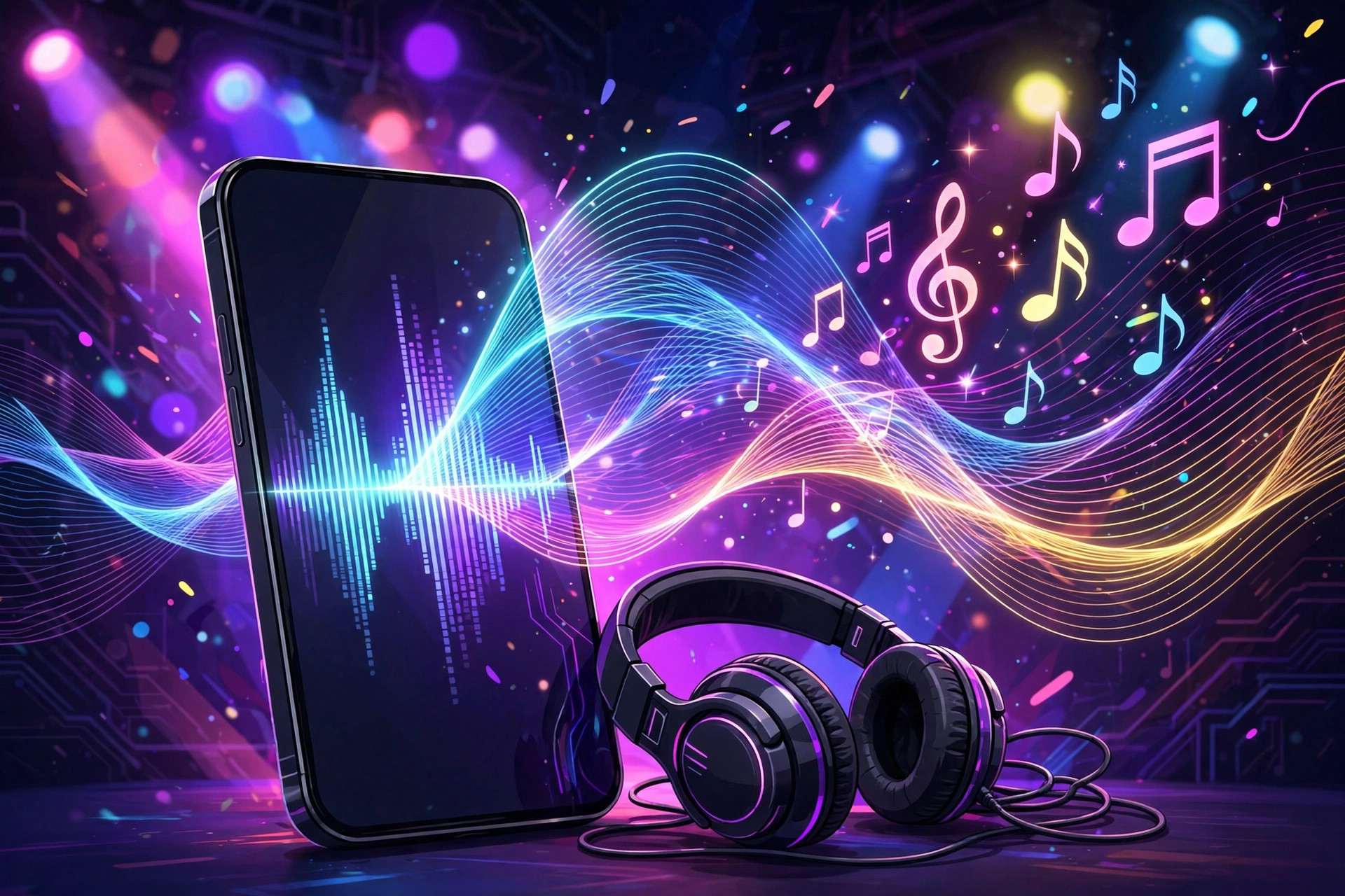 Smartphone with music notes and sound waves flowing out