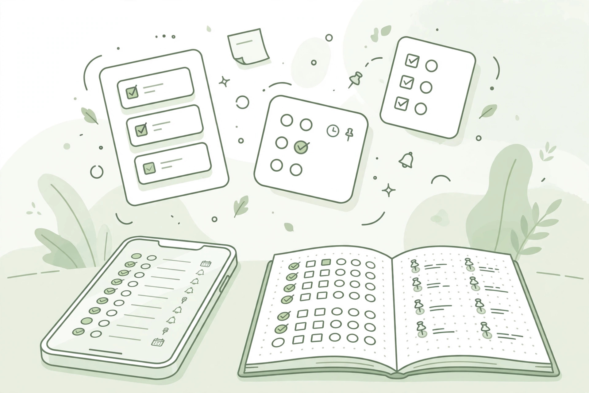 Smartphone and notebook with organized digital notes and checklists