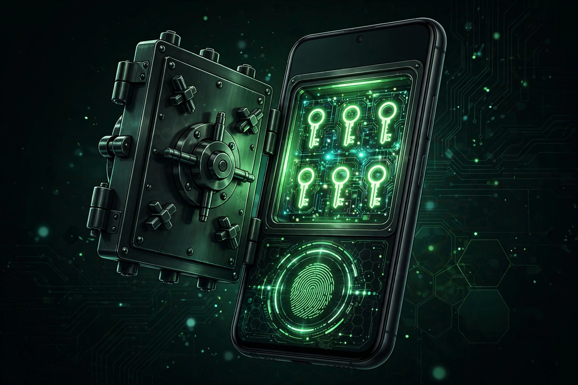 Smartphone with a vault door opening to reveal glowing key icons
