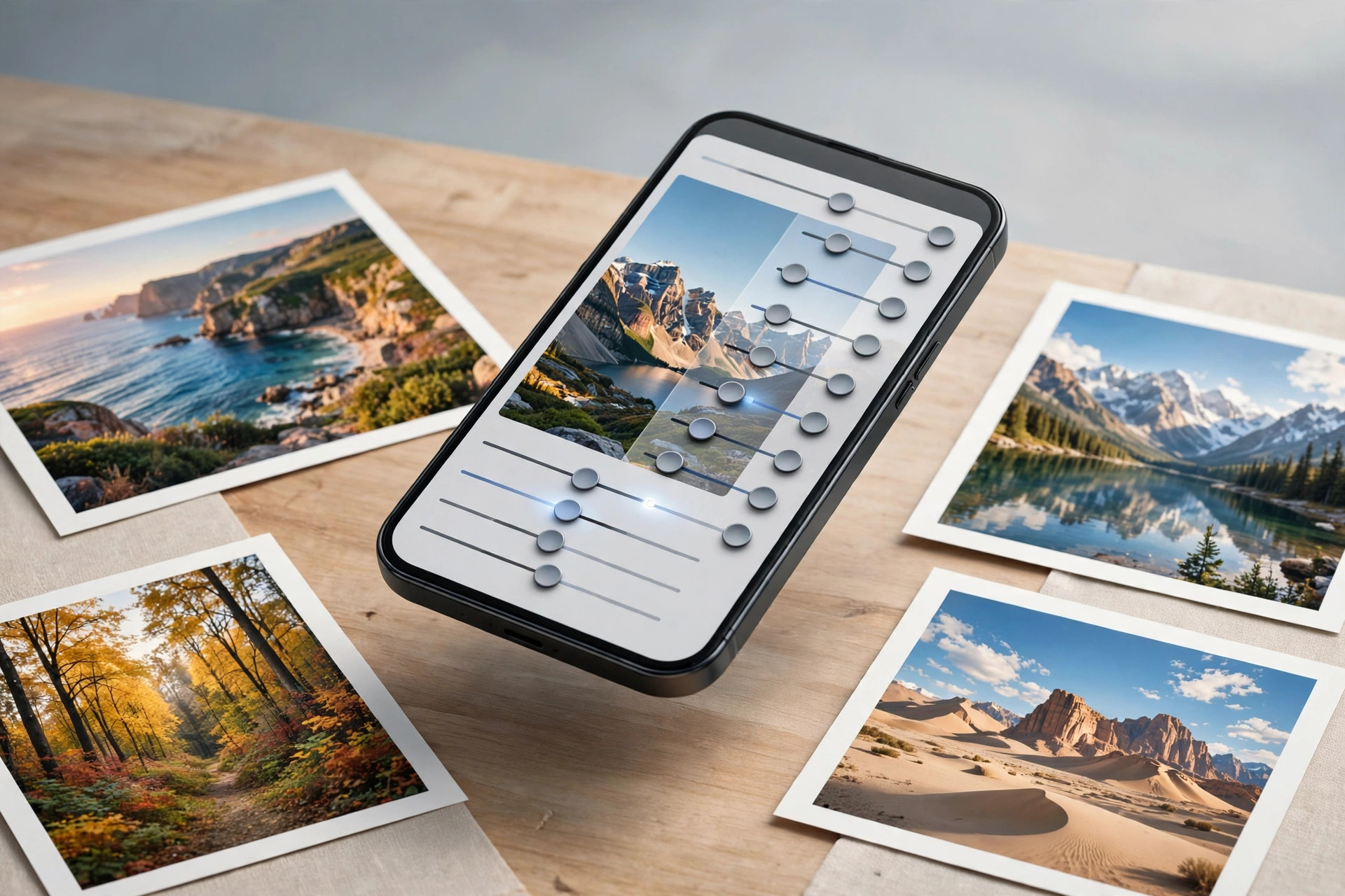 Smartphone showing a photo editing interface with adjustment sliders