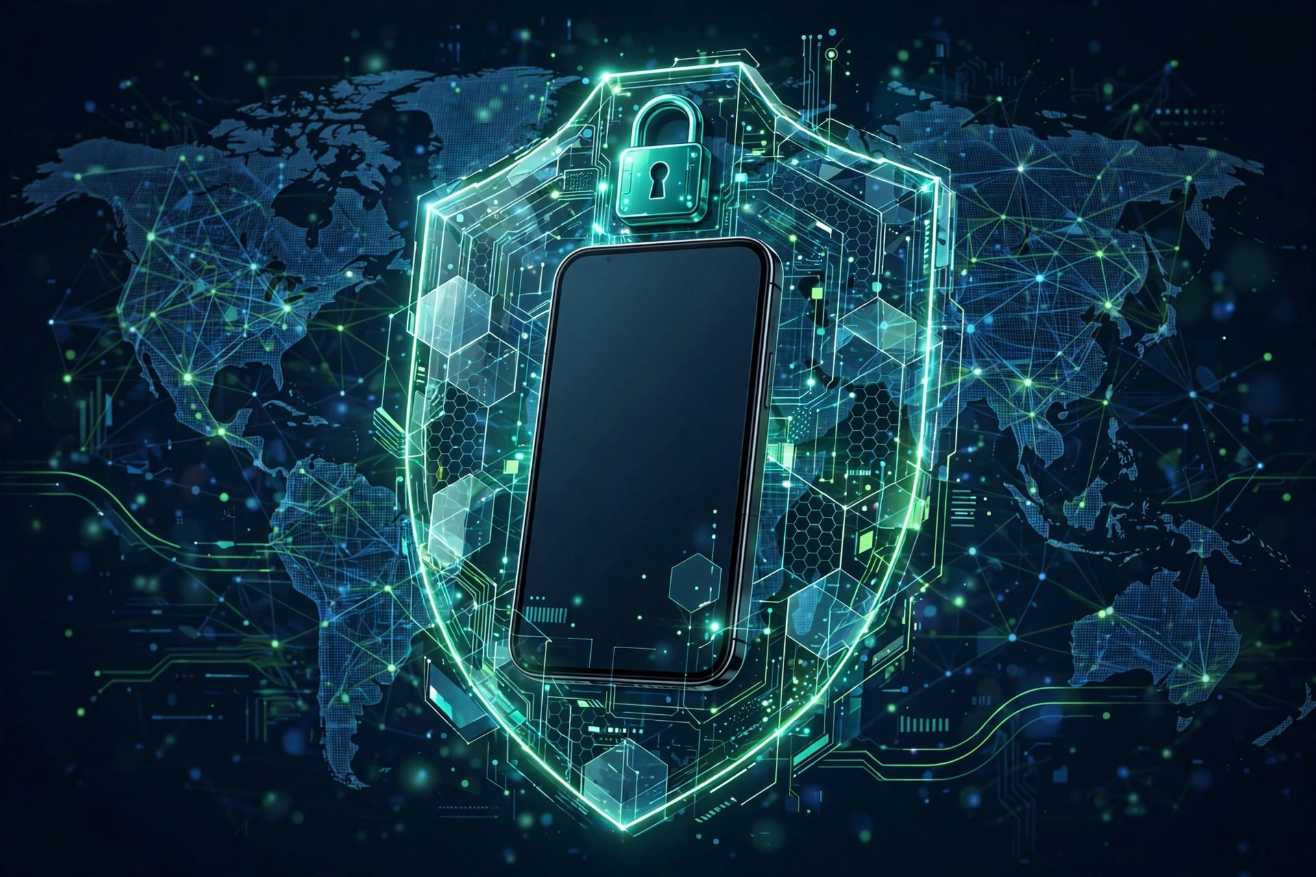 Smartphone wrapped in a glowing digital shield with a padlock