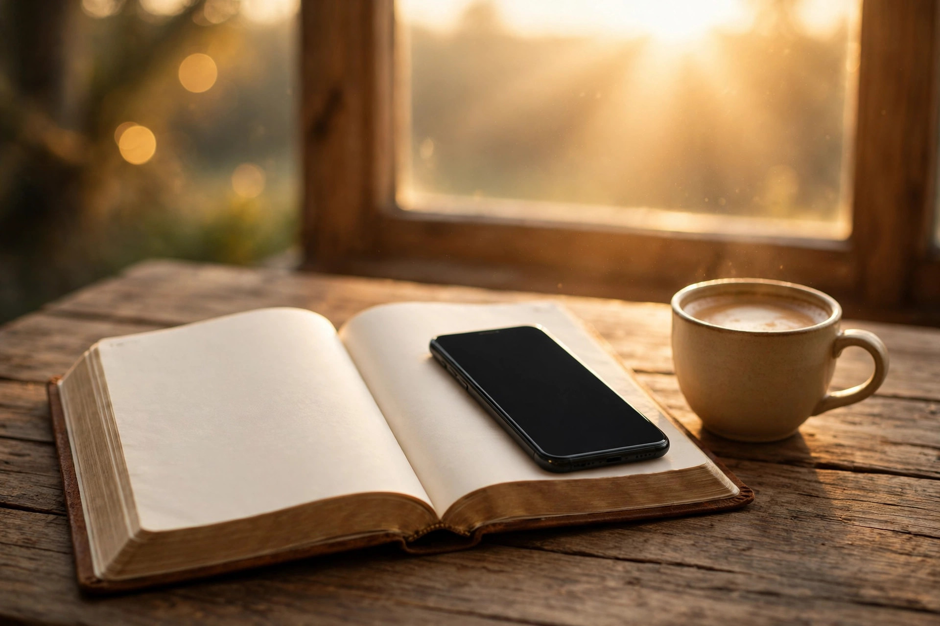Smartphone on an open Bible beside a coffee cup at sunrise, a calm morning devotional scene
