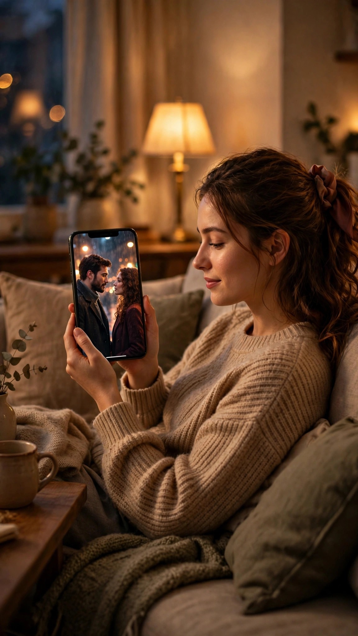 Woman relaxing on a sofa at night watching a romantic short drama on her smartphone