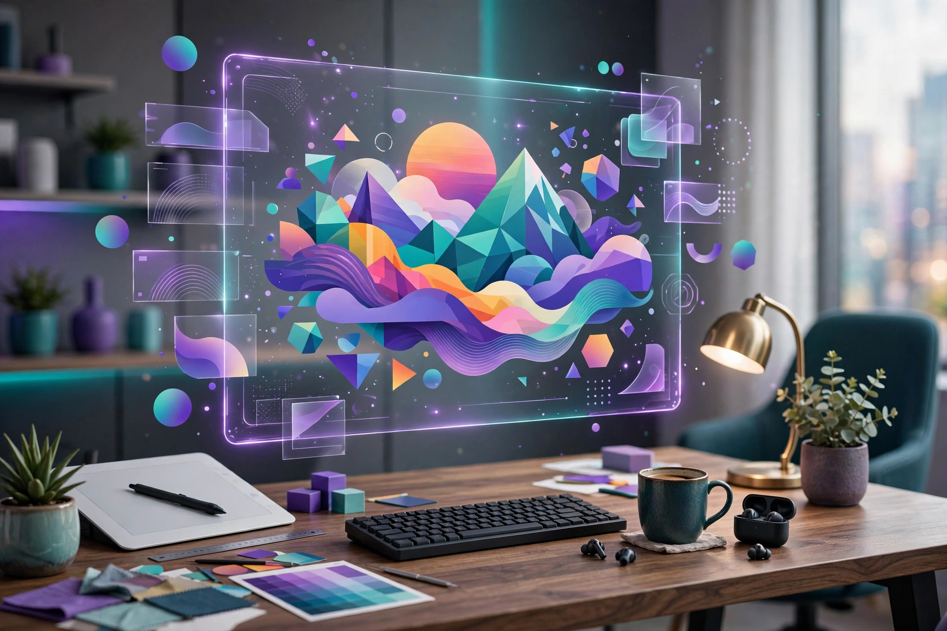 Design workspace with a floating canvas showing a colorful graphic design project