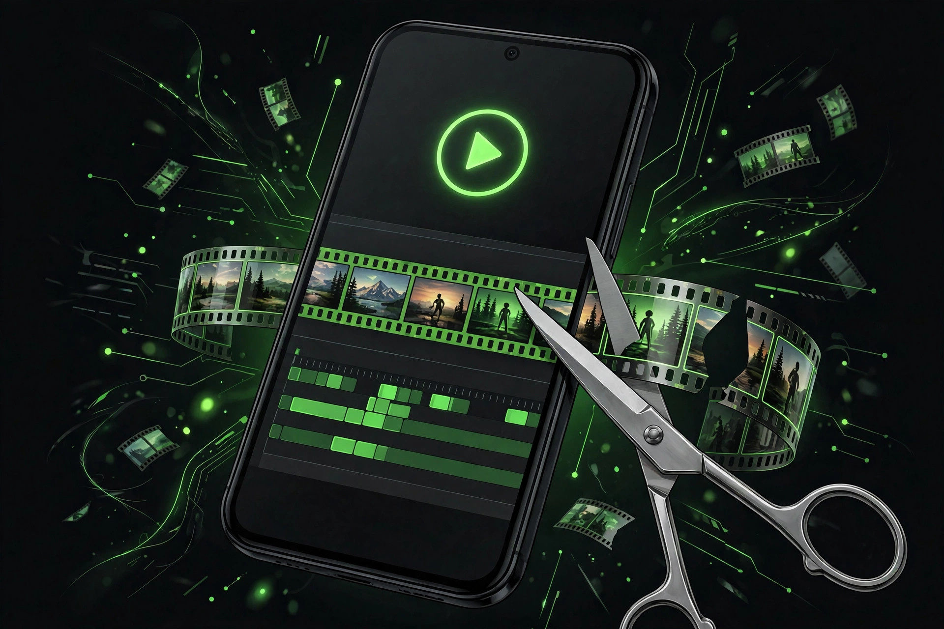 Smartphone showing a video editing timeline with film strips