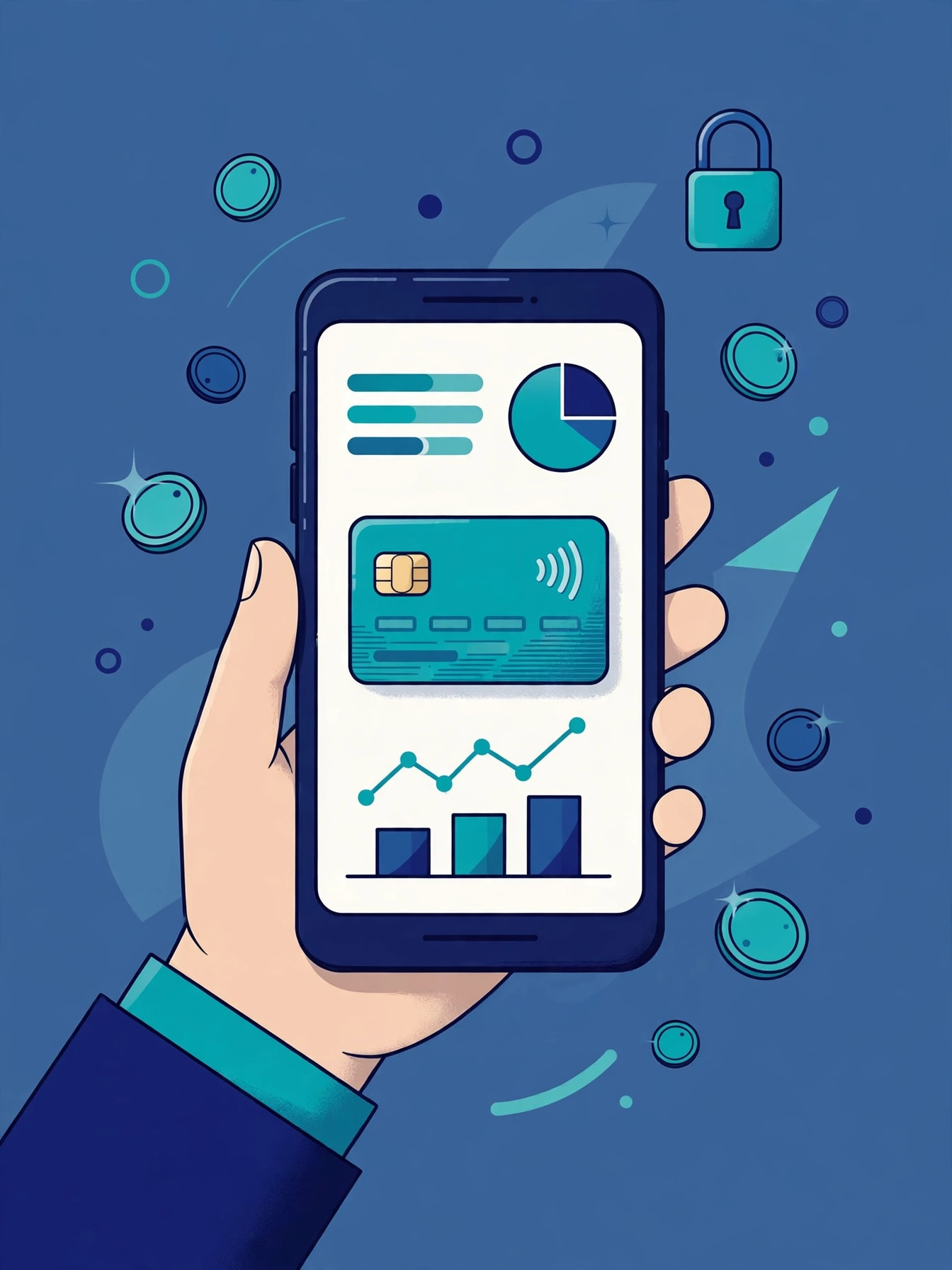 Hand holding a smartphone showing a mobile banking dashboard with account balances, a credit card and security controls