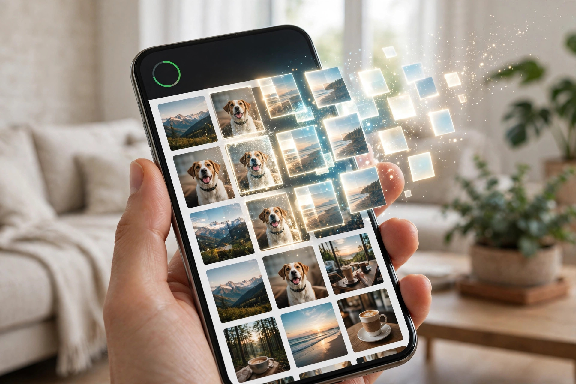 Hand holding a smartphone showing a tidy photo gallery with duplicate photos being swept away