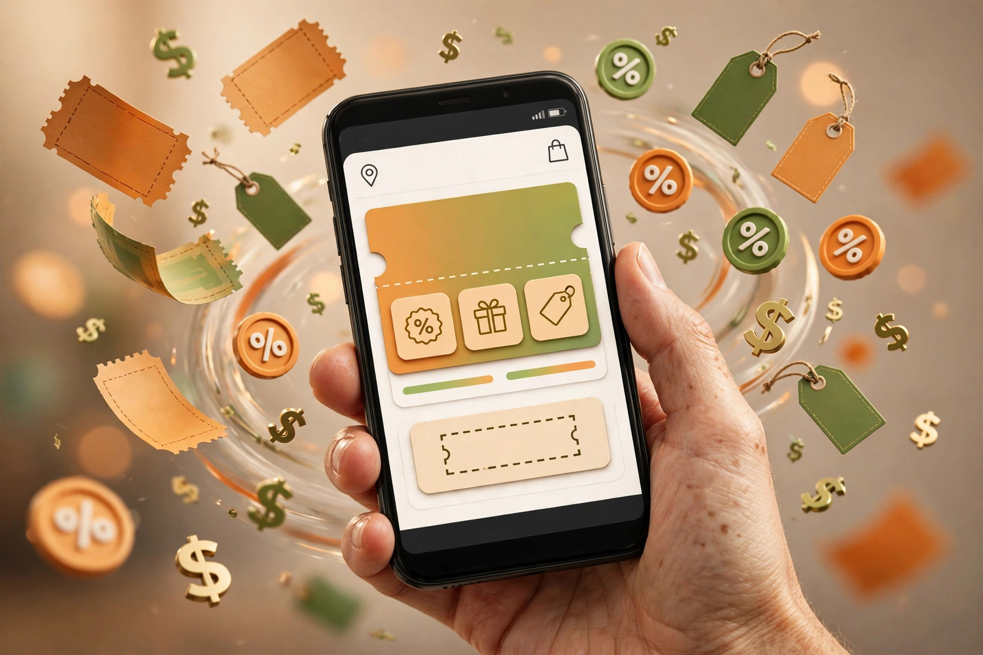 Hand holding a smartphone displaying a coupons app with floating promo code cards, price tags and dollar symbols