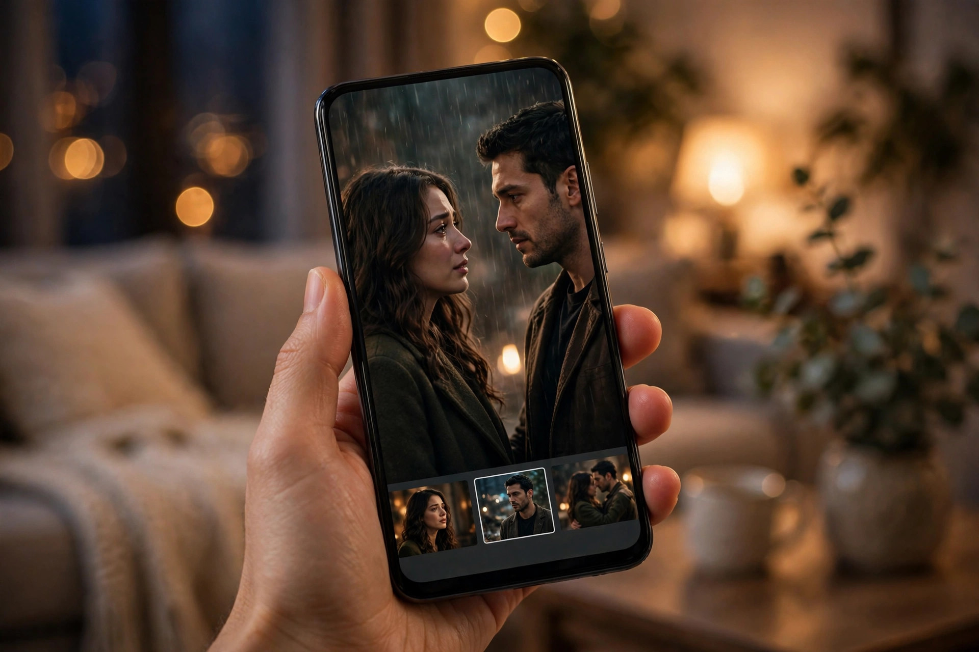 Hand holding a smartphone playing a vertical short drama episode with episode thumbnails below
