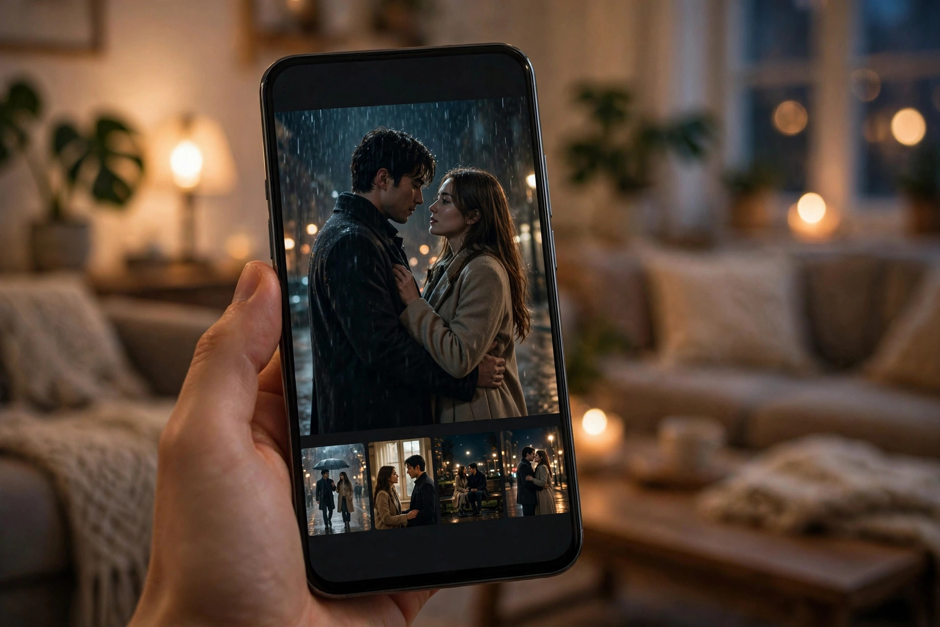 Hand holding a smartphone playing a vertical short drama episode with episode thumbnails below