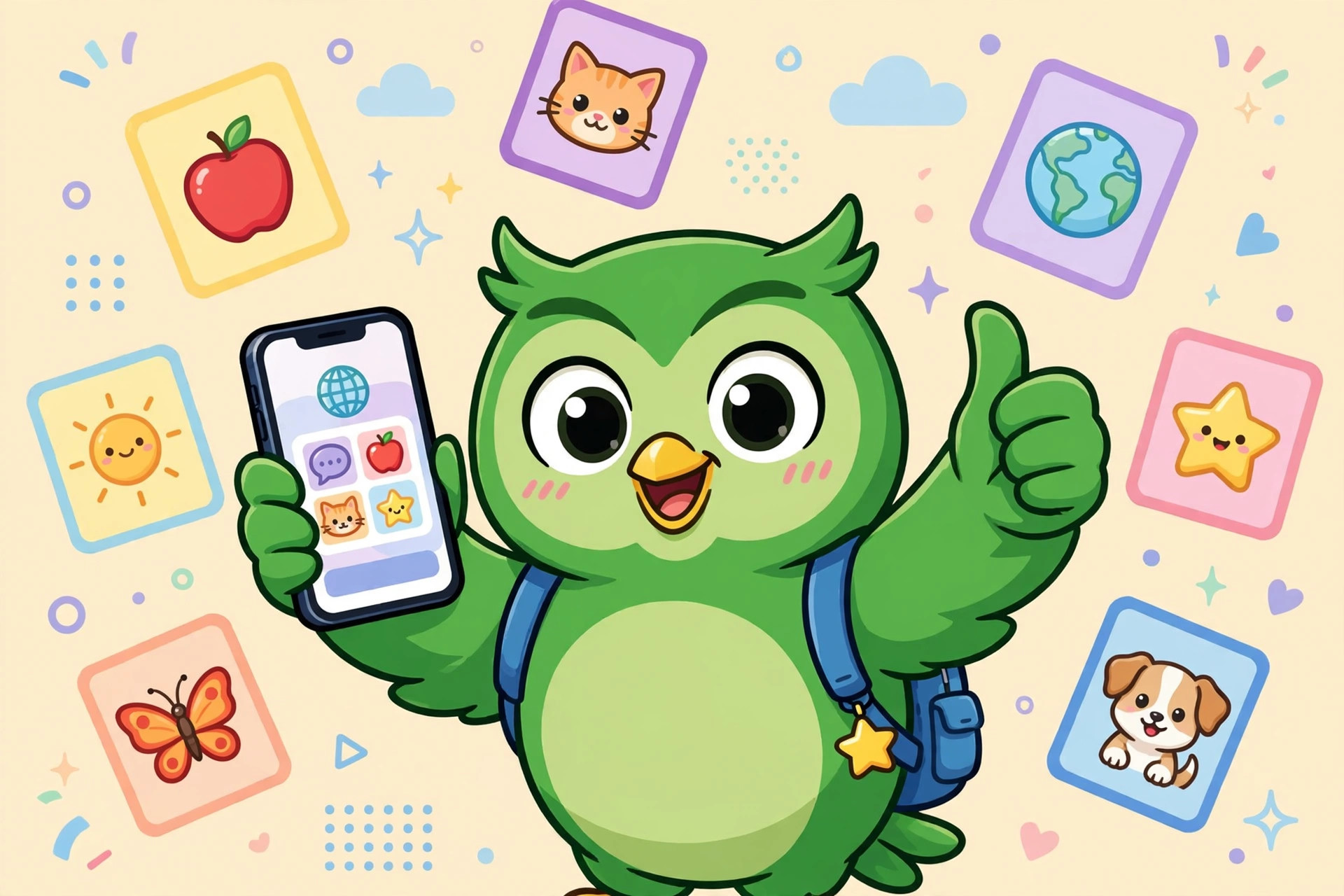 Cheerful green owl character holding a smartphone with language flashcards