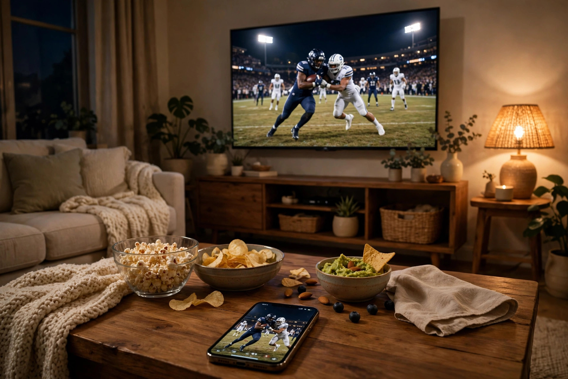 Living room at night with a television and smartphone streaming a live football game