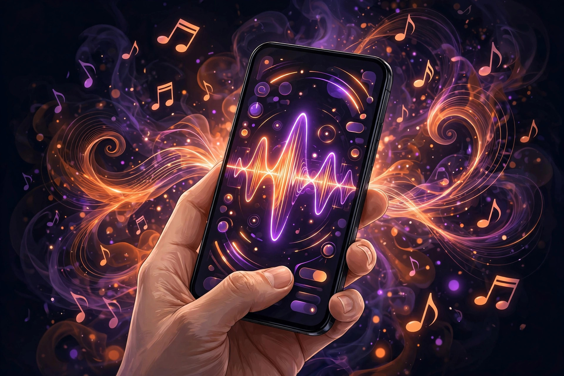 Smartphone showing an AI music studio with sound waves and floating musical notes