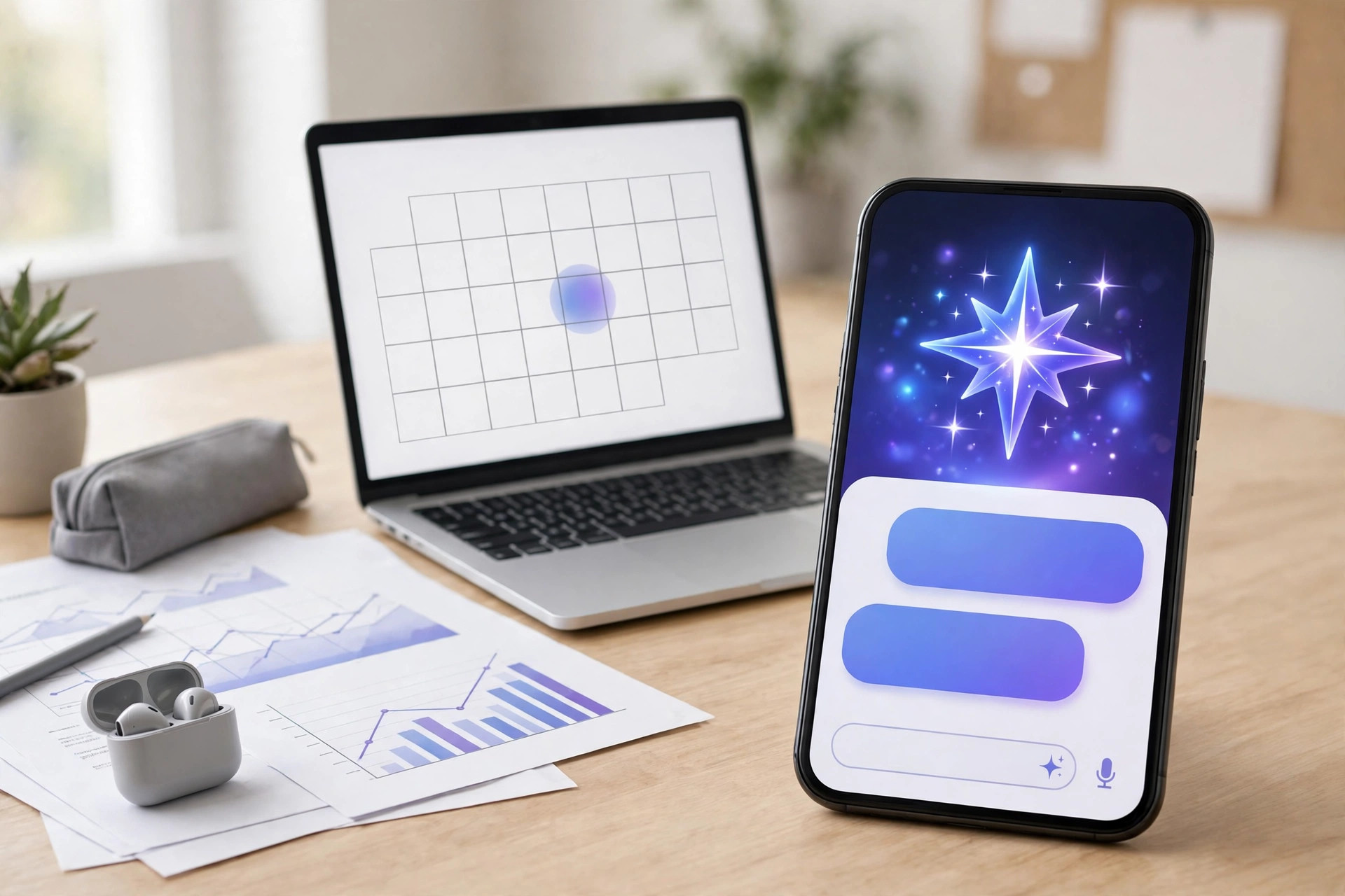 Smartphone showing an AI assistant chat interface beside a laptop with documents and a calendar