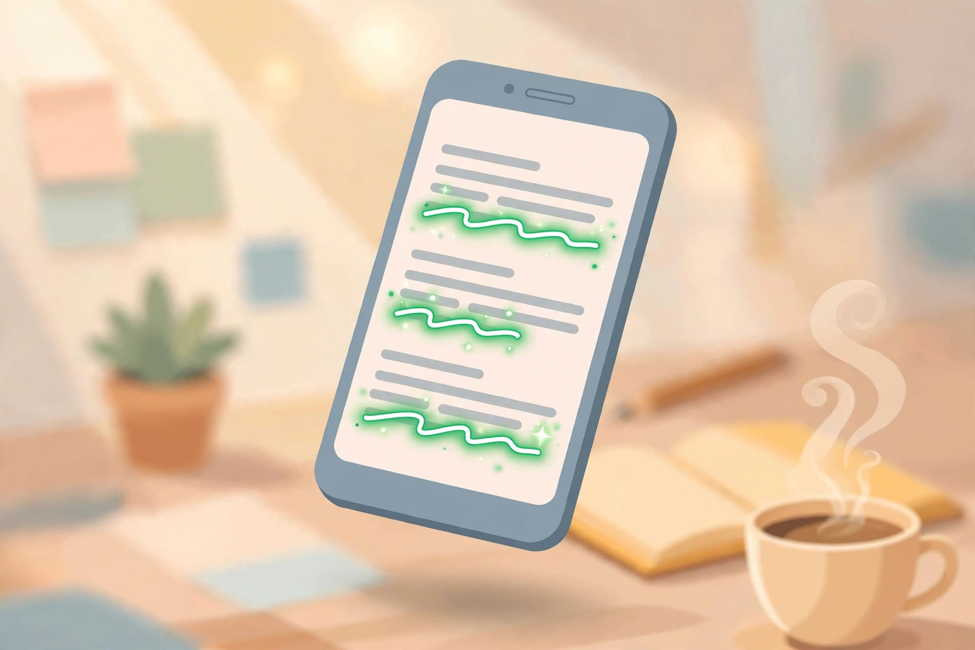 Smartphone showing an email draft with glowing green grammar correction underlines