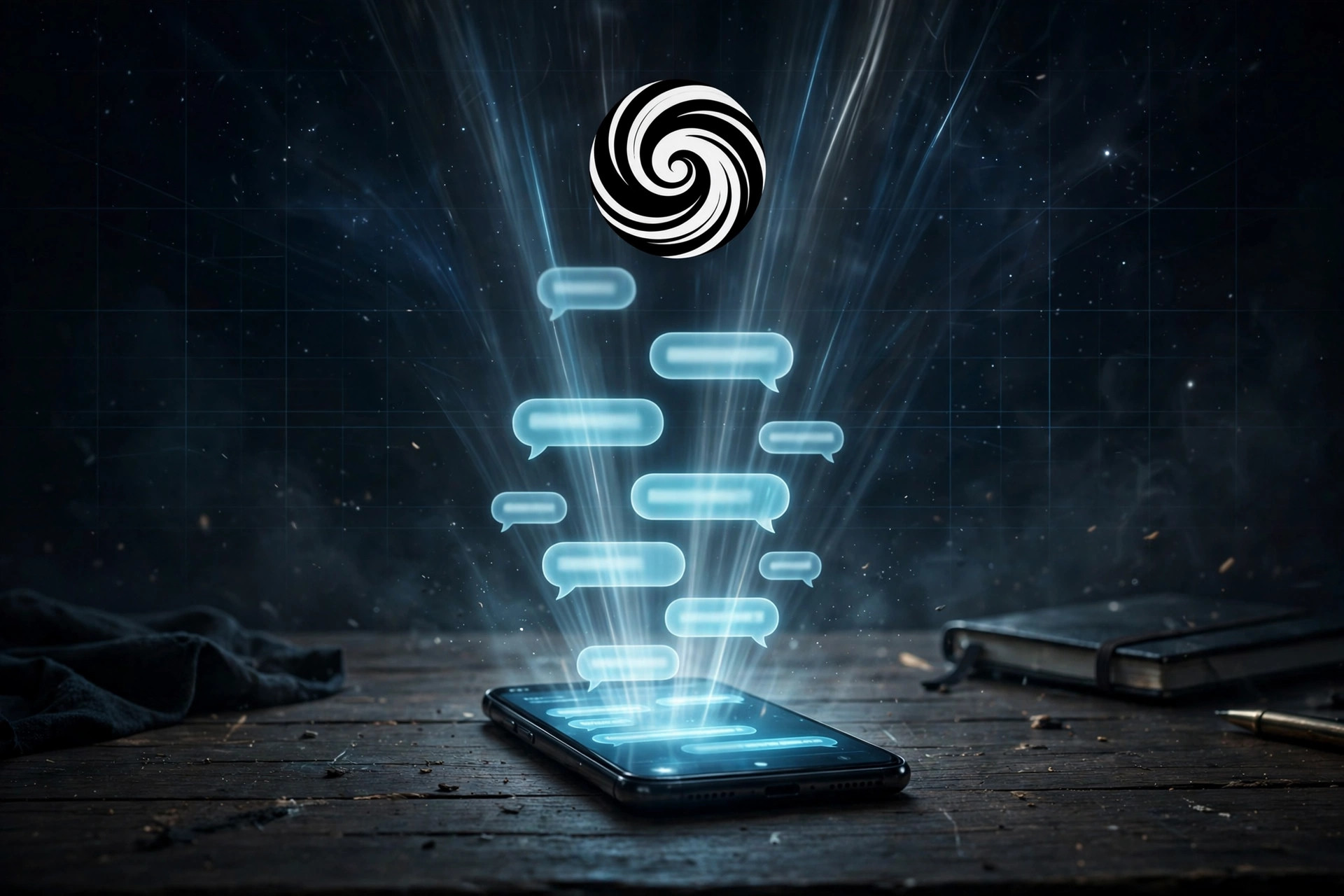 Smartphone glowing at night with chat bubbles and light rays rising from the screen