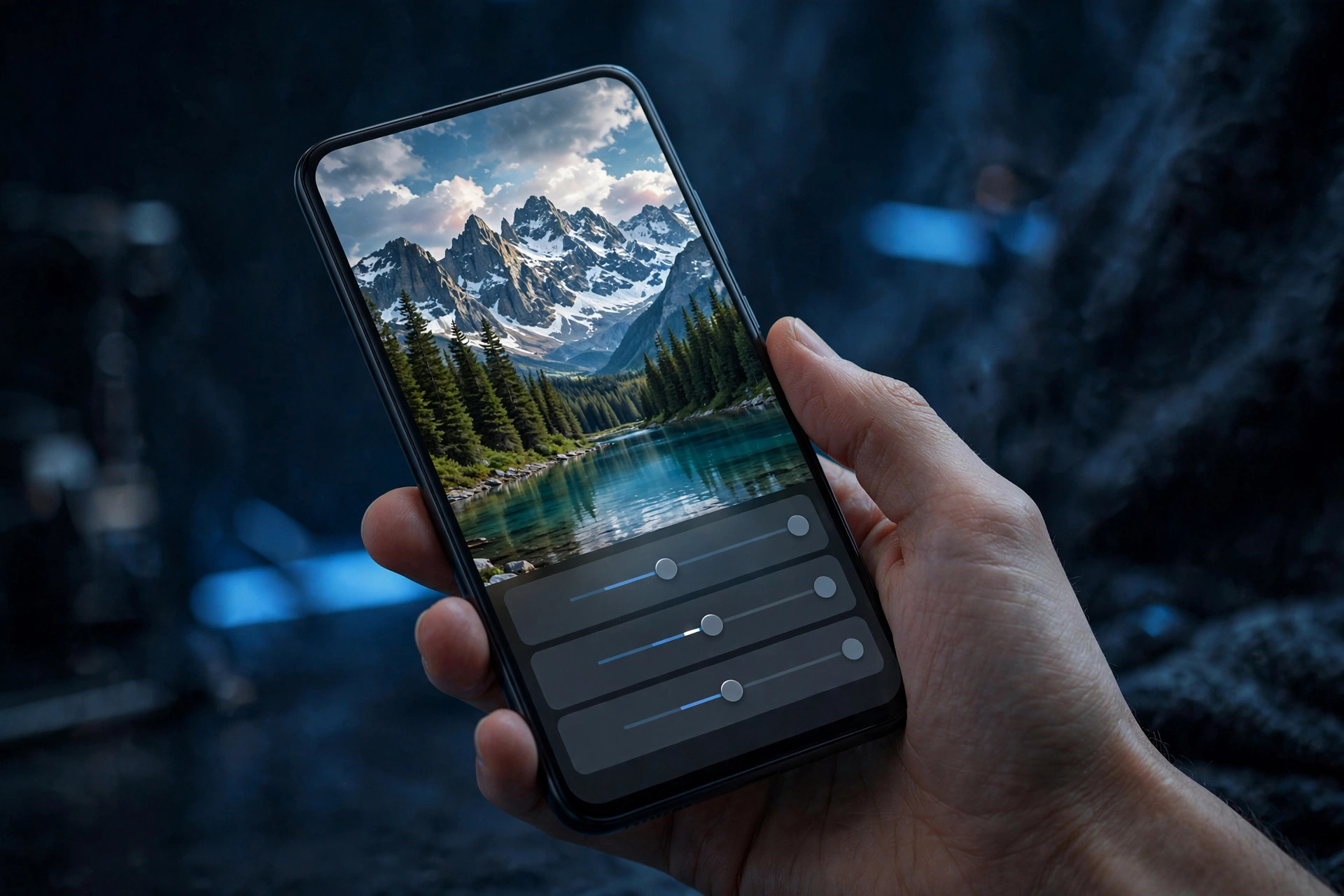 Smartphone displaying a photo editing interface with adjustment sliders and a landscape photo being edited