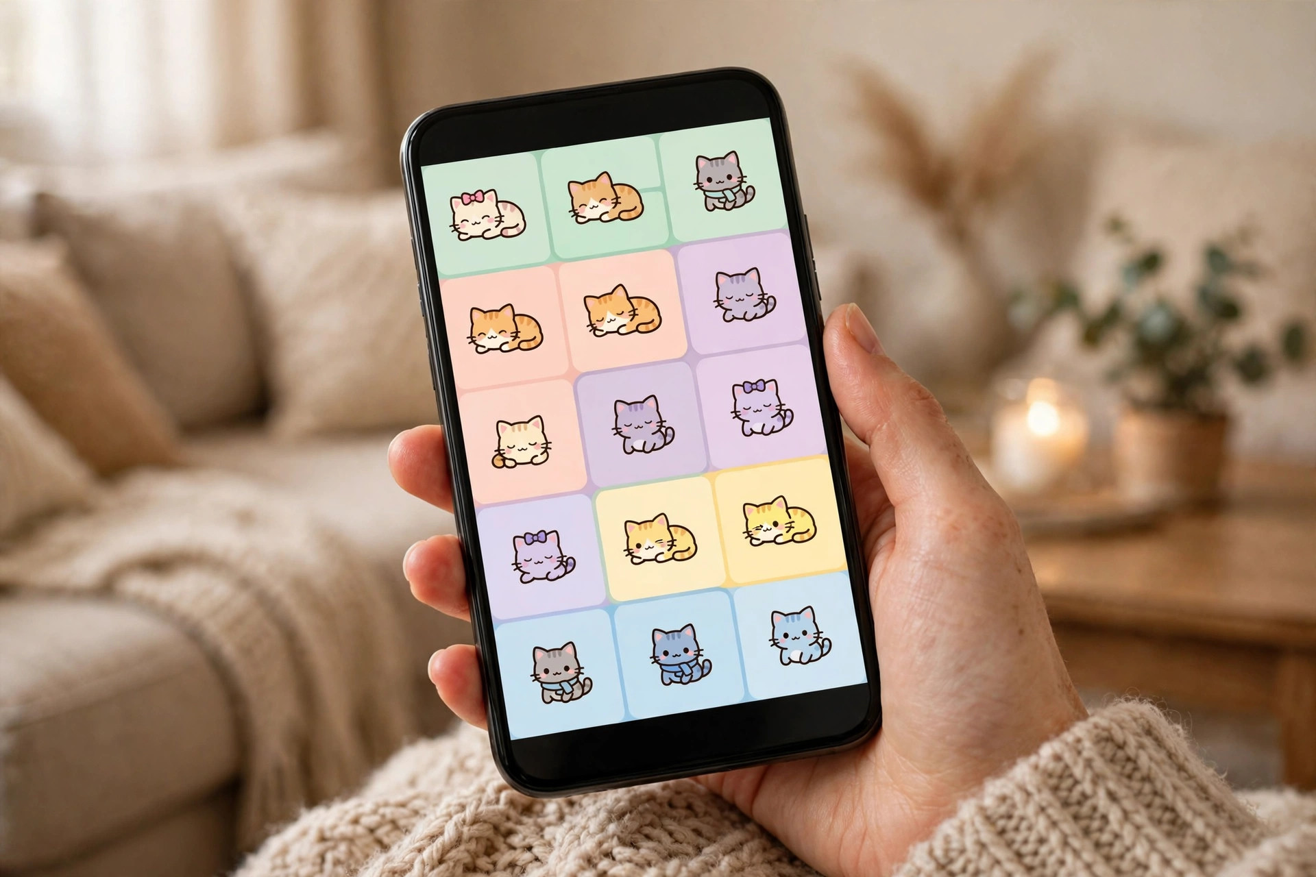 Hand holding a smartphone showing a cute cat logic puzzle grid with pastel colored regions and cartoon cats