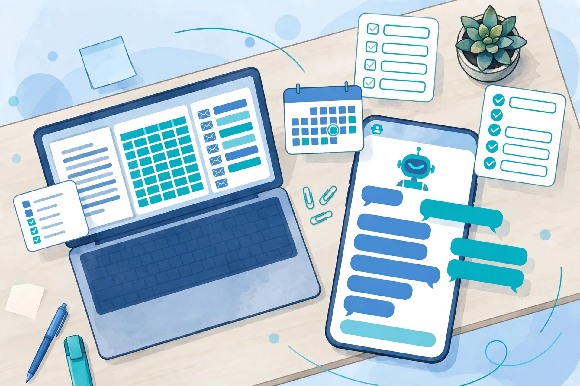 Smartphone showing an AI assistant beside a laptop with documents, a spreadsheet and an email inbox