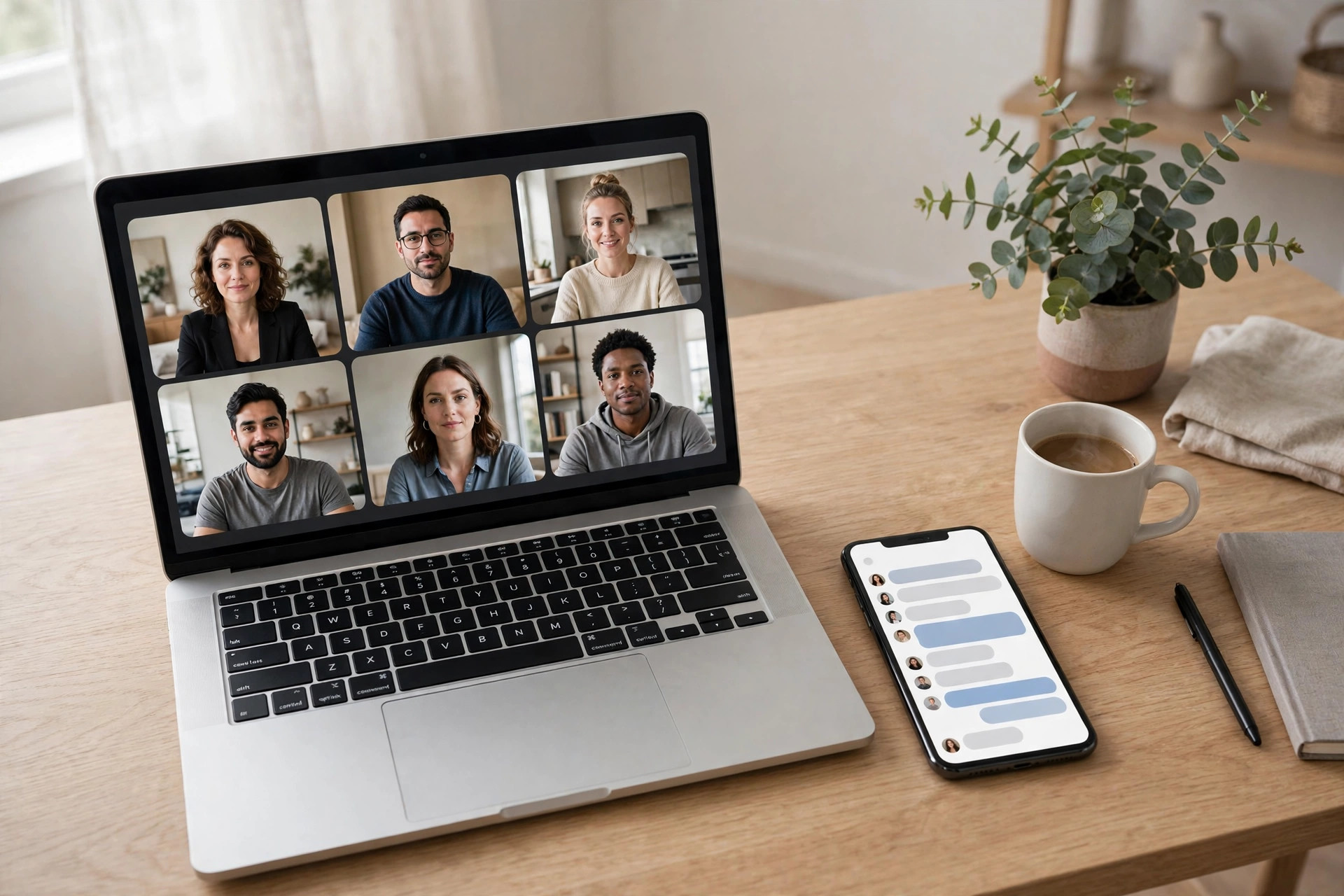 Laptop on a desk showing a video call with colleagues and a smartphone with a team chat