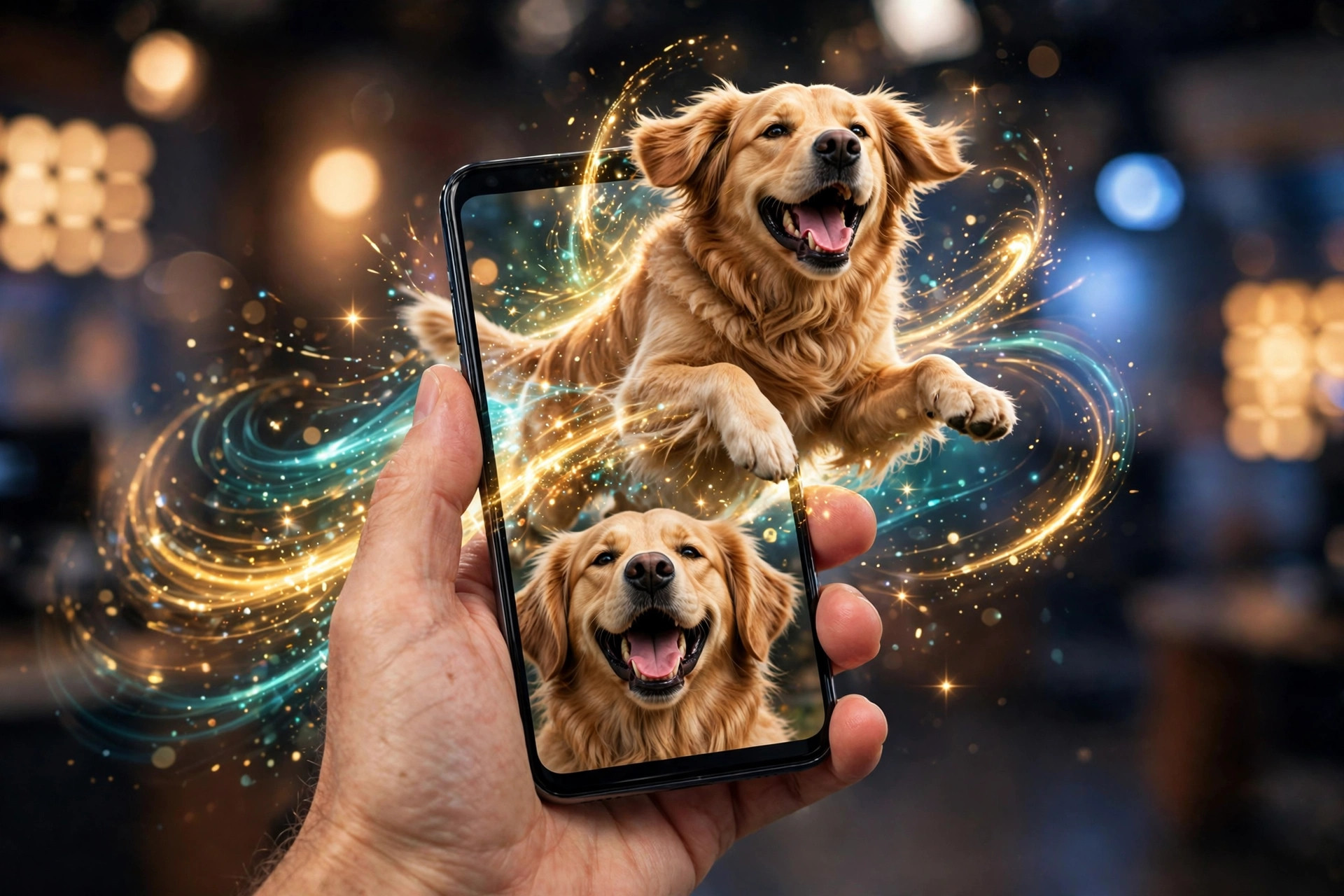 Hand holding a smartphone as a photo of a dog springs to life as an animated video with sparkling light trails
