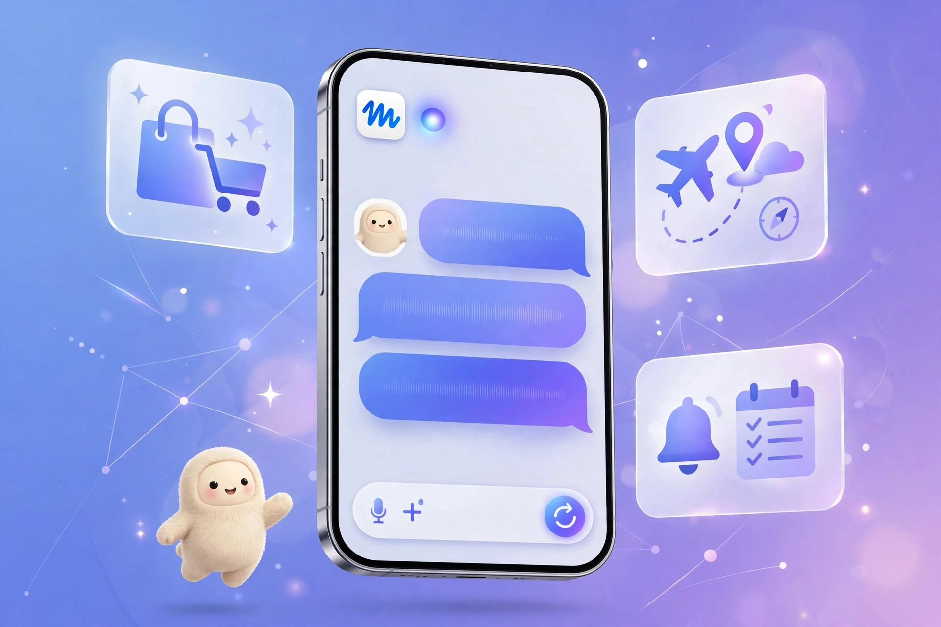 Smartphone showing an AI agent assistant interface with floating task cards for shopping, trips and reminders