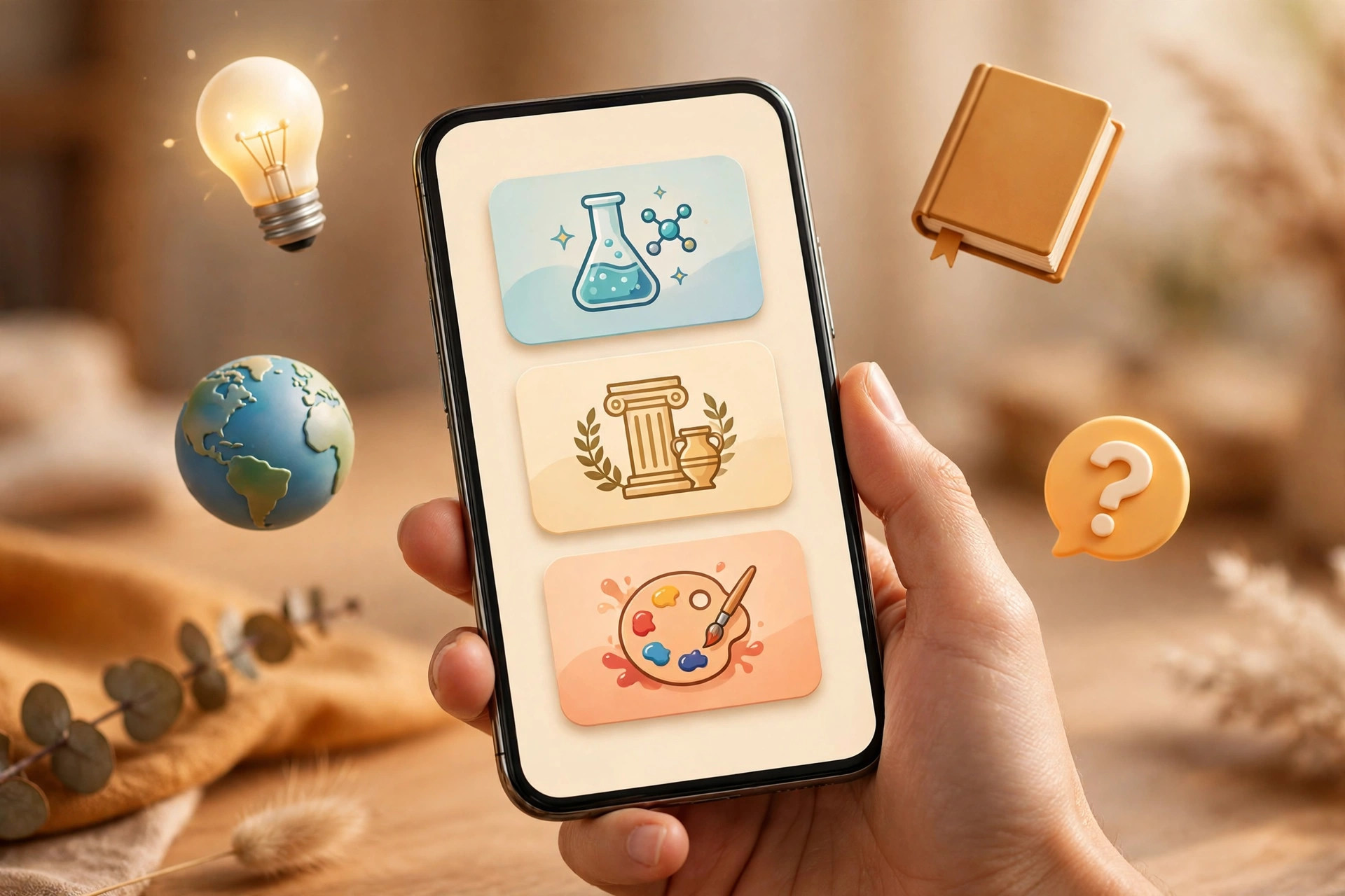 Hand holding a smartphone showing a microlearning app with short lesson cards on science, history and art
