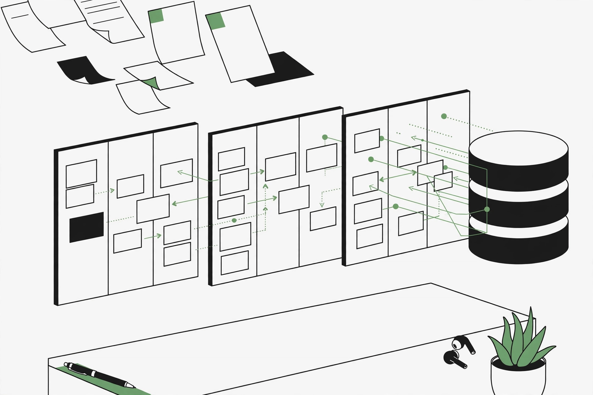 Minimalist workspace with floating documents and kanban boards organizing themselves