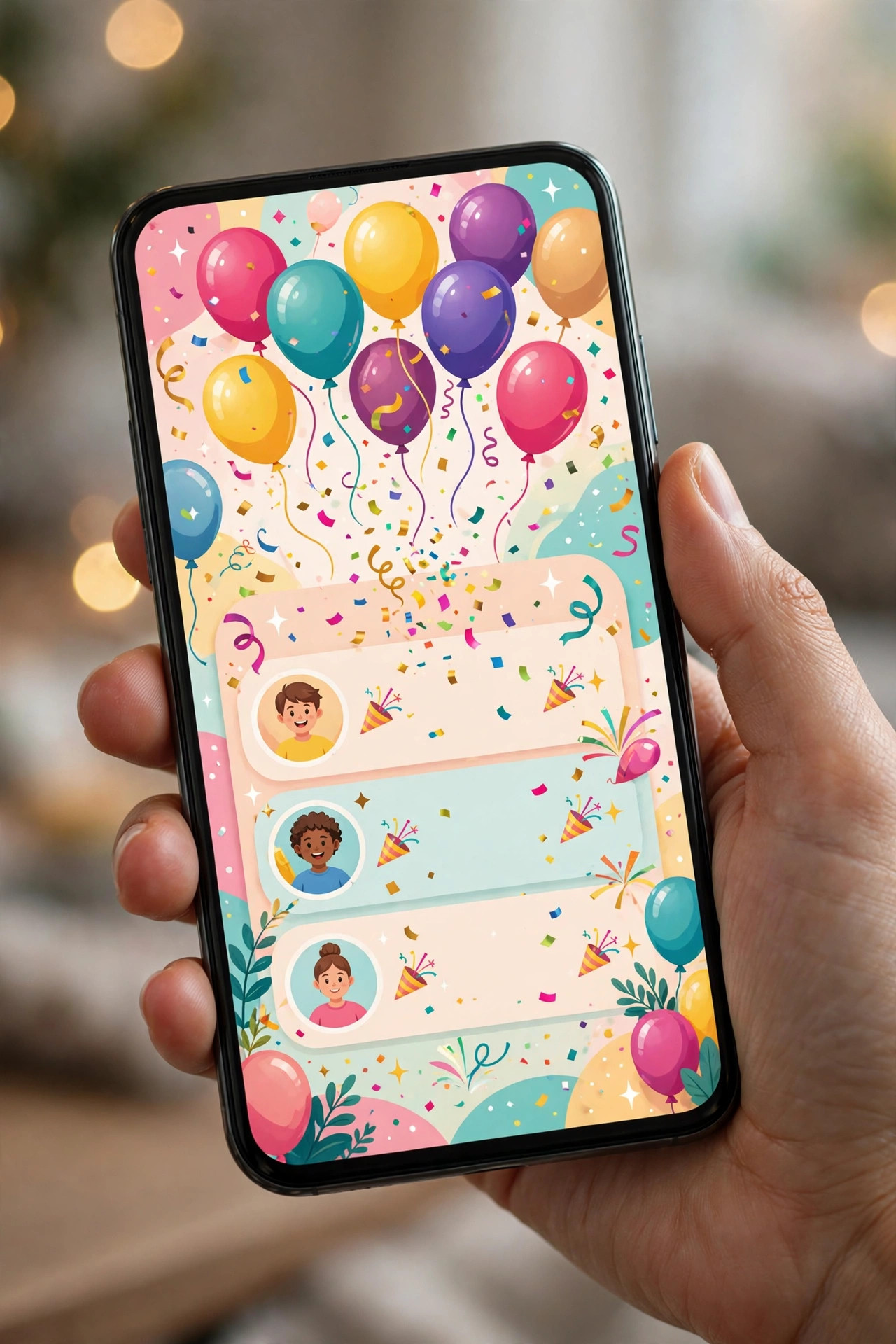 Hand holding a smartphone showing a colorful animated party invitation with balloons, confetti and a guest list