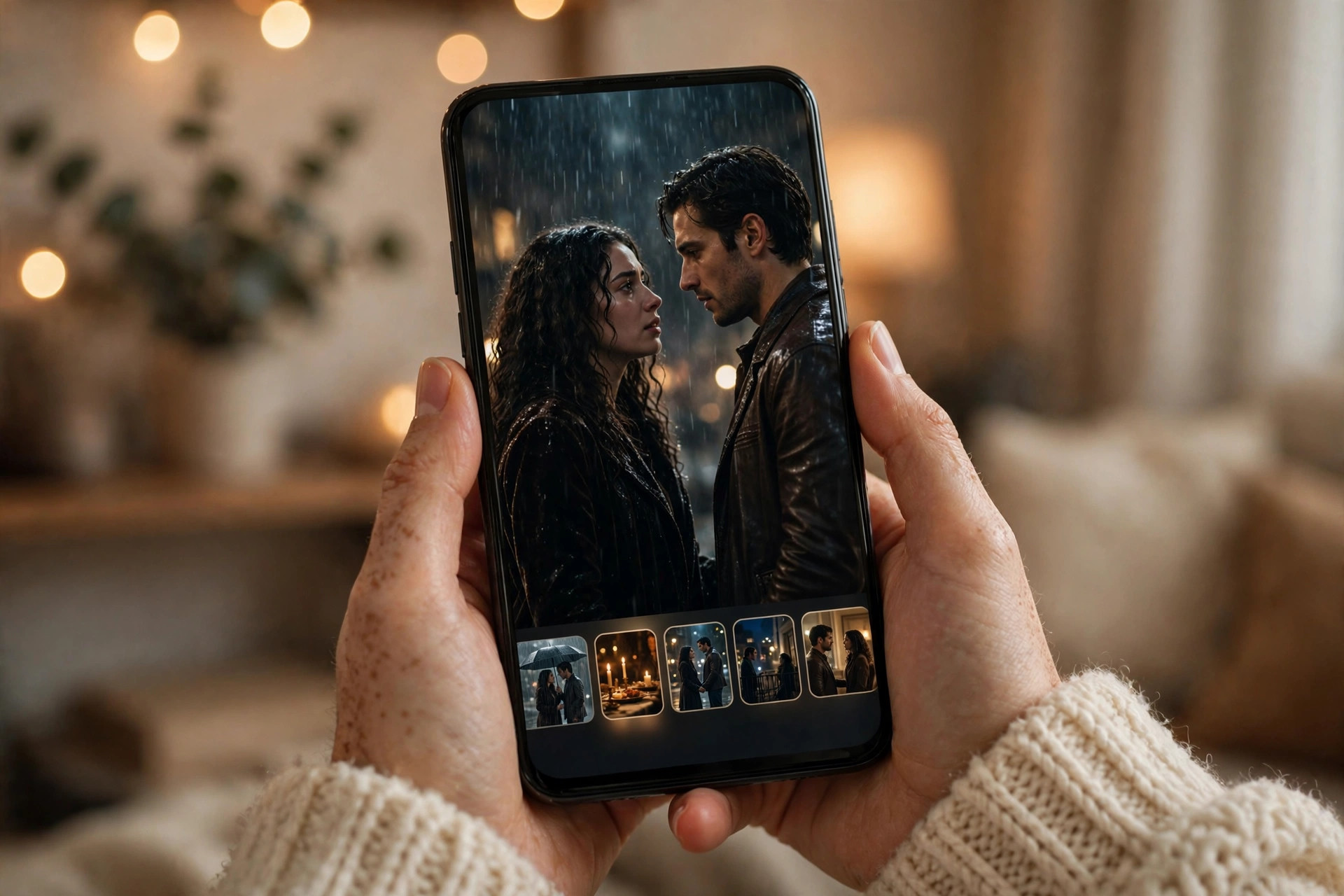 Hand holding a smartphone playing a vertical short drama episode with glowing episode thumbnails scrolling below