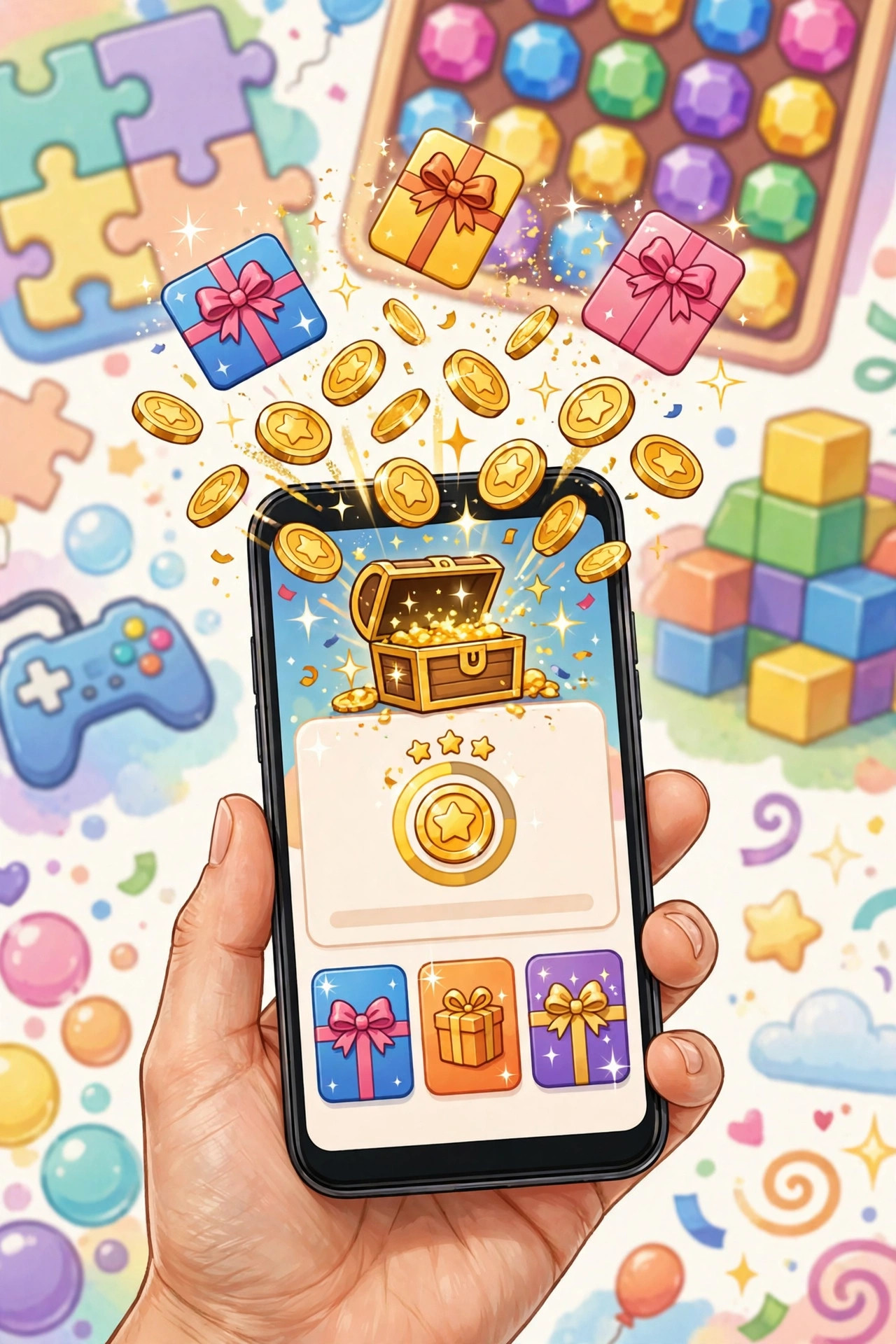 Hand holding a smartphone showing a rewards app with gold coins and gift cards rising from the screen
