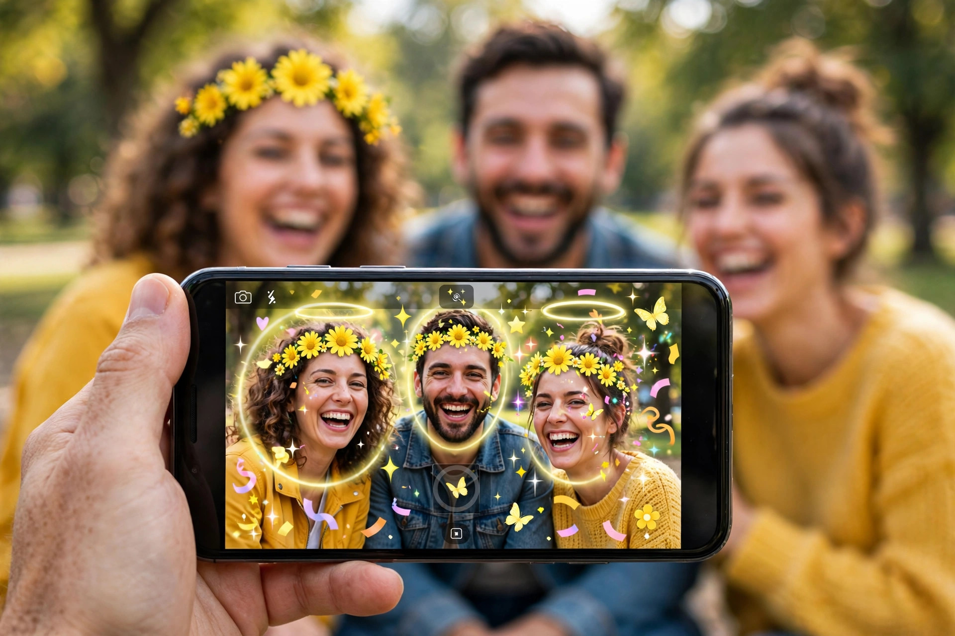 Hand holding a smartphone showing a camera app with a fun augmented reality face filter