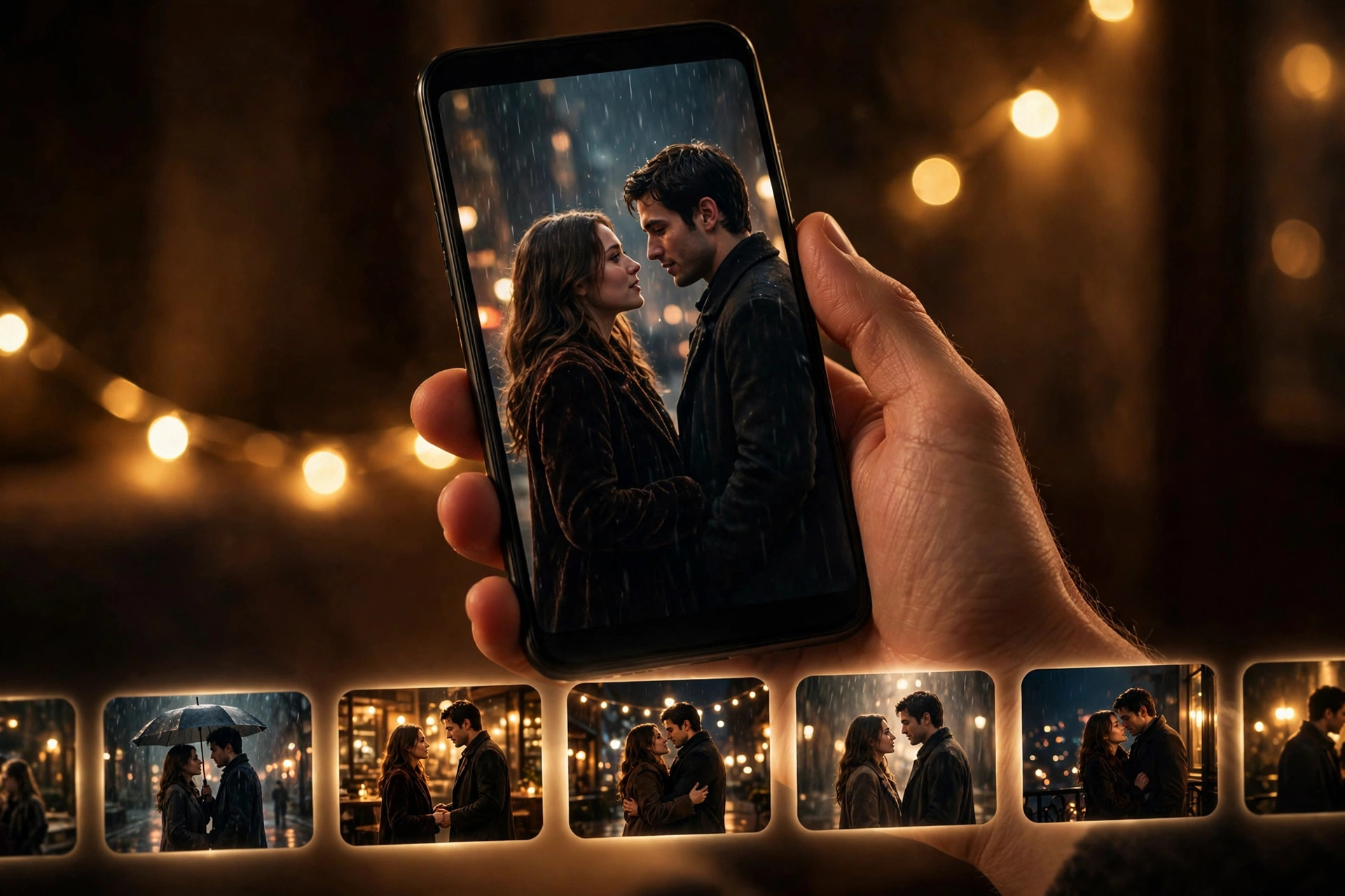 Hand holding a smartphone playing a vertical short drama episode with episode thumbnails below