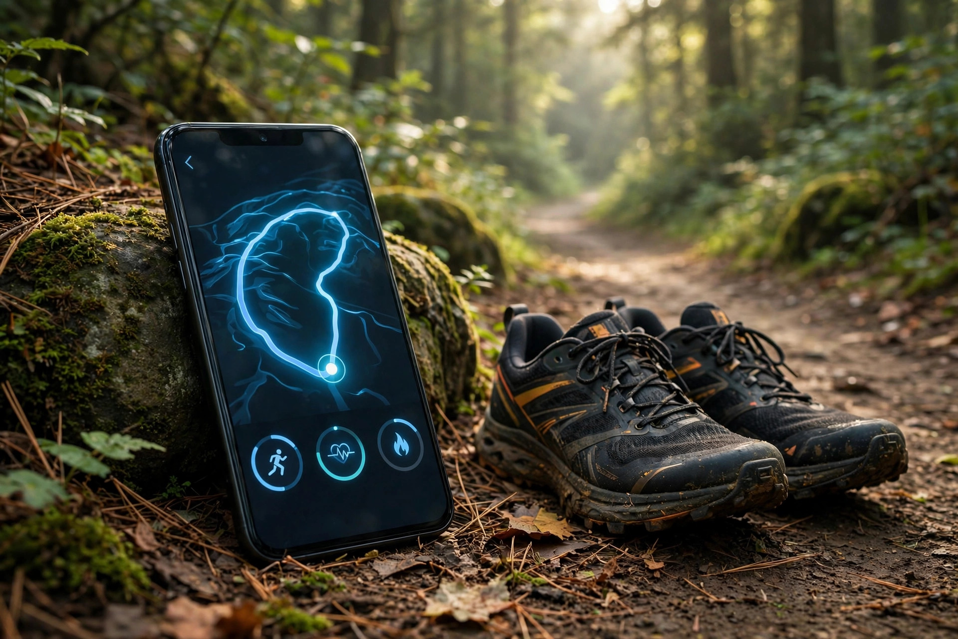 Smartphone showing a glowing running route map with activity stats on a forest trail next to running shoes