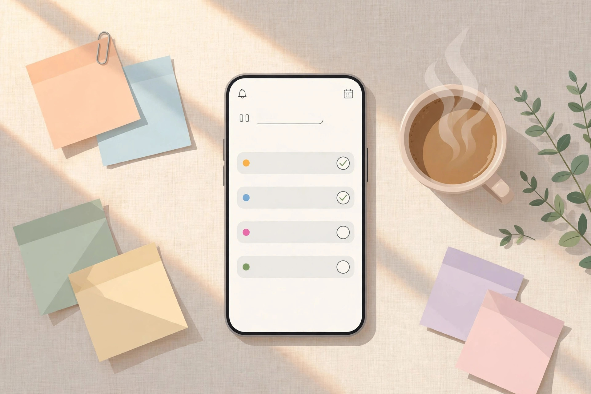 Smartphone on a desk showing a clean to-do list interface with priority dots and checkmarks