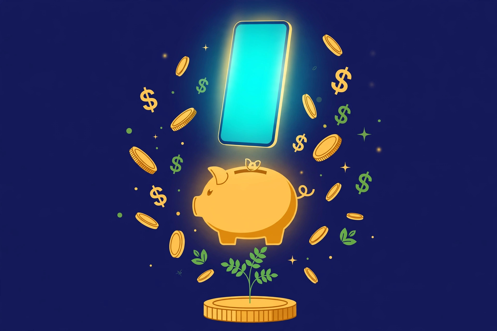 Illustration of a smartphone rising above a golden piggy bank with floating coins, dollar symbols and a money-tree seedling
