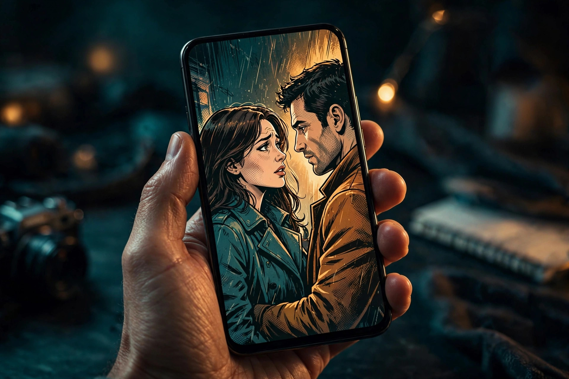 Hand holding a smartphone playing a VibeShort AI comic-style short drama episode with dramatic illustrated characters