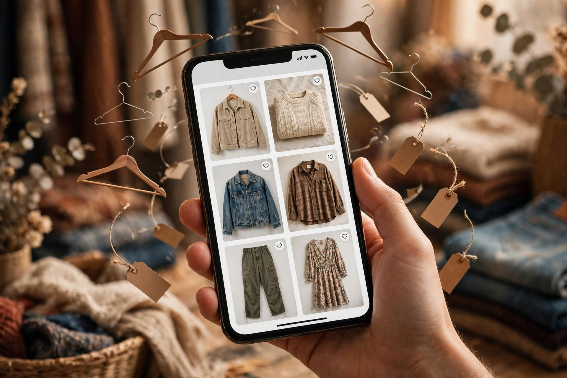 Hand holding a smartphone showing a secondhand fashion marketplace app with clothing for sale, hangers and price tags floating around