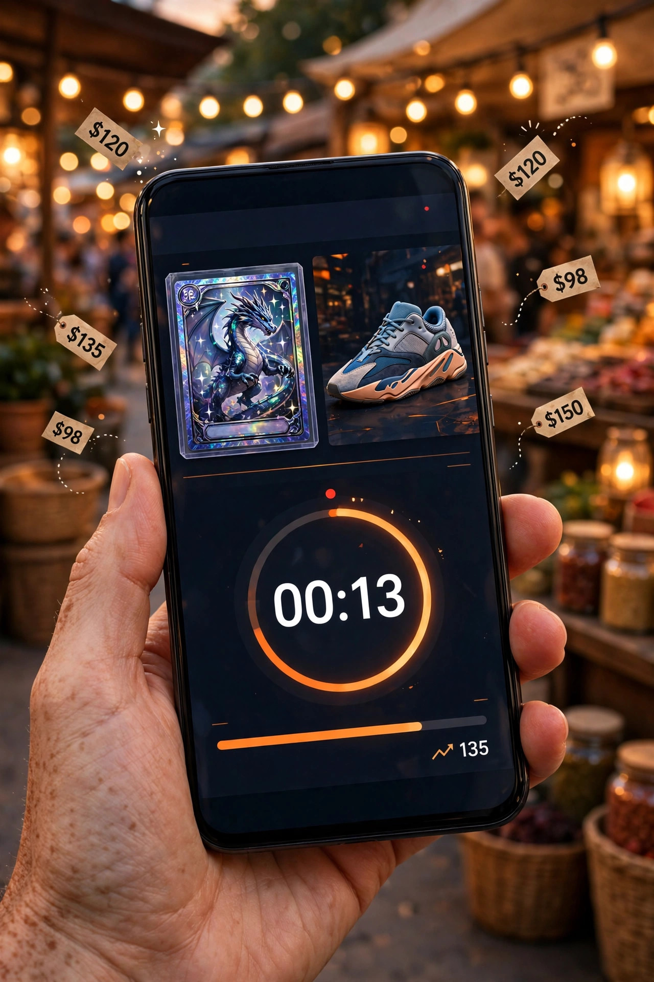 Hand holding a smartphone showing a live shopping auction with a trading card, sneakers and bidding price tags