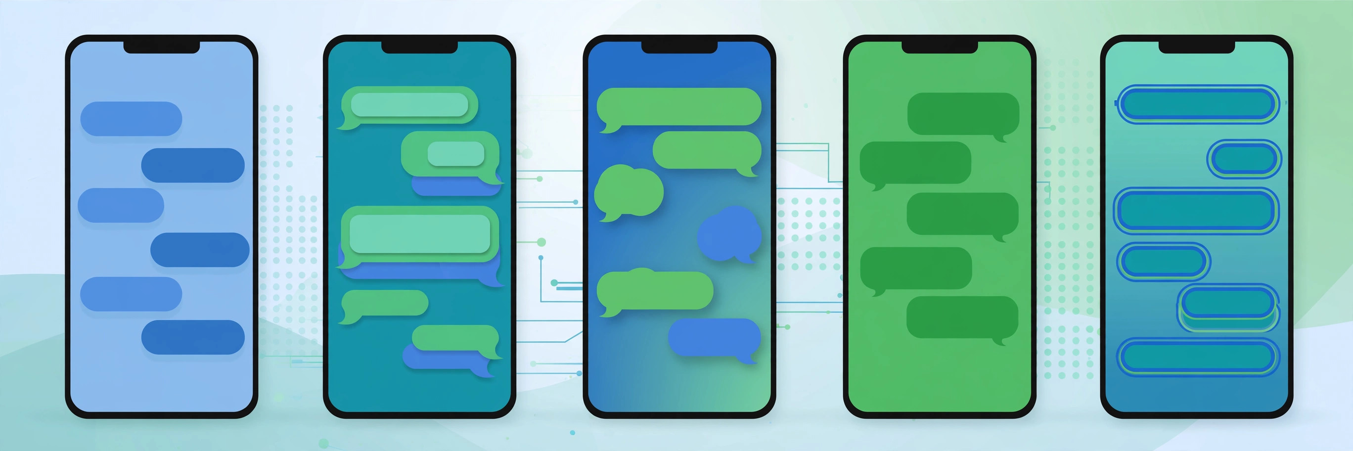 Smartphones with different chat bubble designs in a row