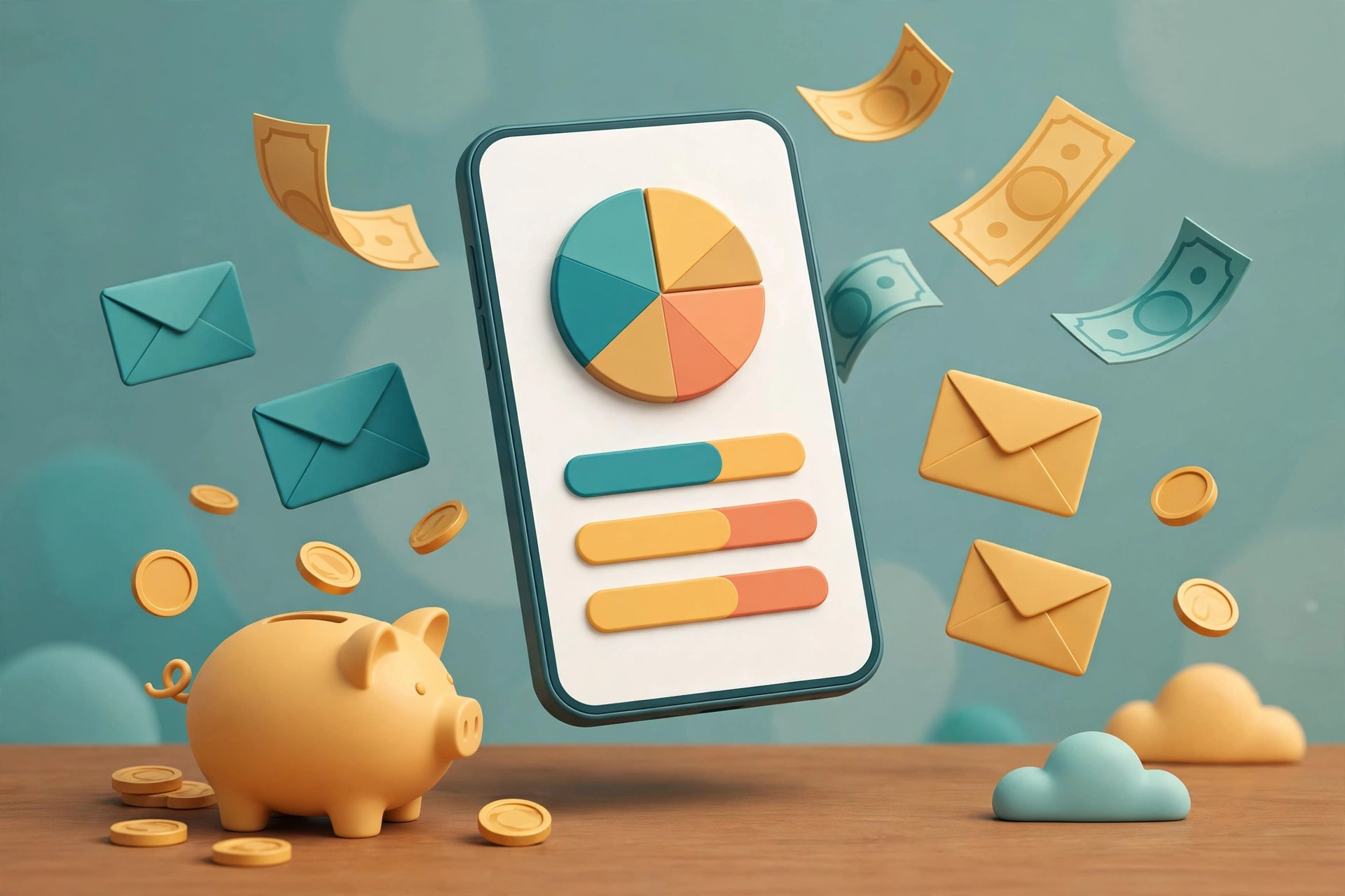 Smartphone showing a budgeting dashboard with category charts, envelopes and coins